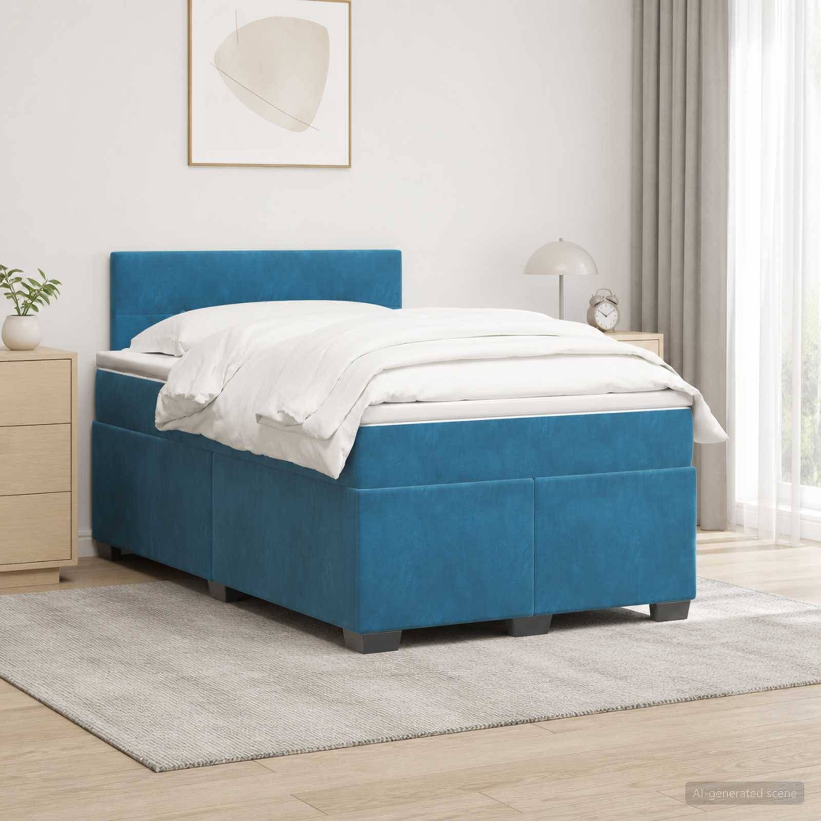 Blaues gepolstertes Bett mit weißer Bettwäsche in einem hellen, minimalistischen Schlafzimmer neben einem Nachttisch und Fenster.