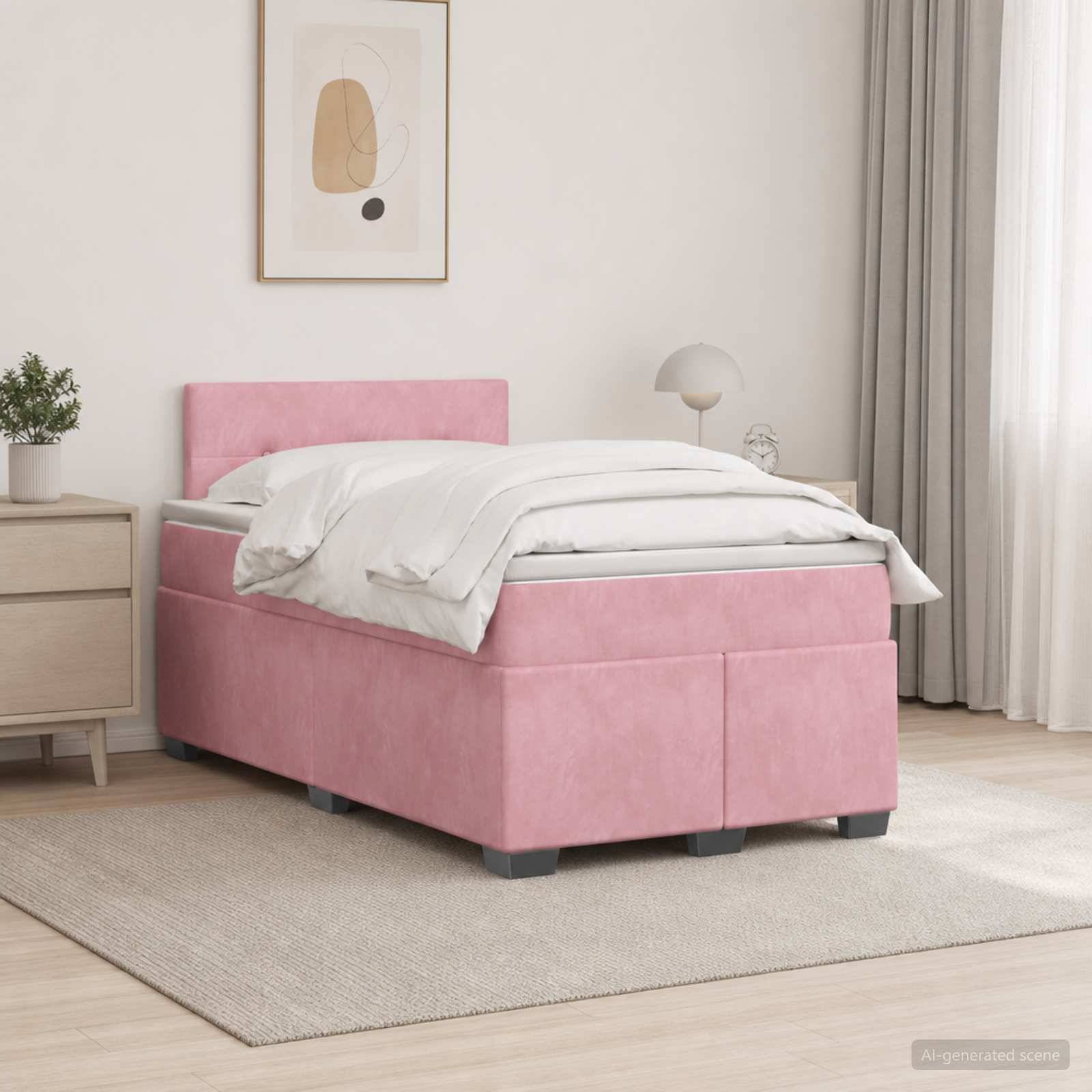 Rosa gepolstertes Einzelbett mit weißer Bettwäsche in einem hellen, minimalistischen Schlafzimmer mit Nachttisch, Lampe, Teppich und Wandkunst im Rahmen.