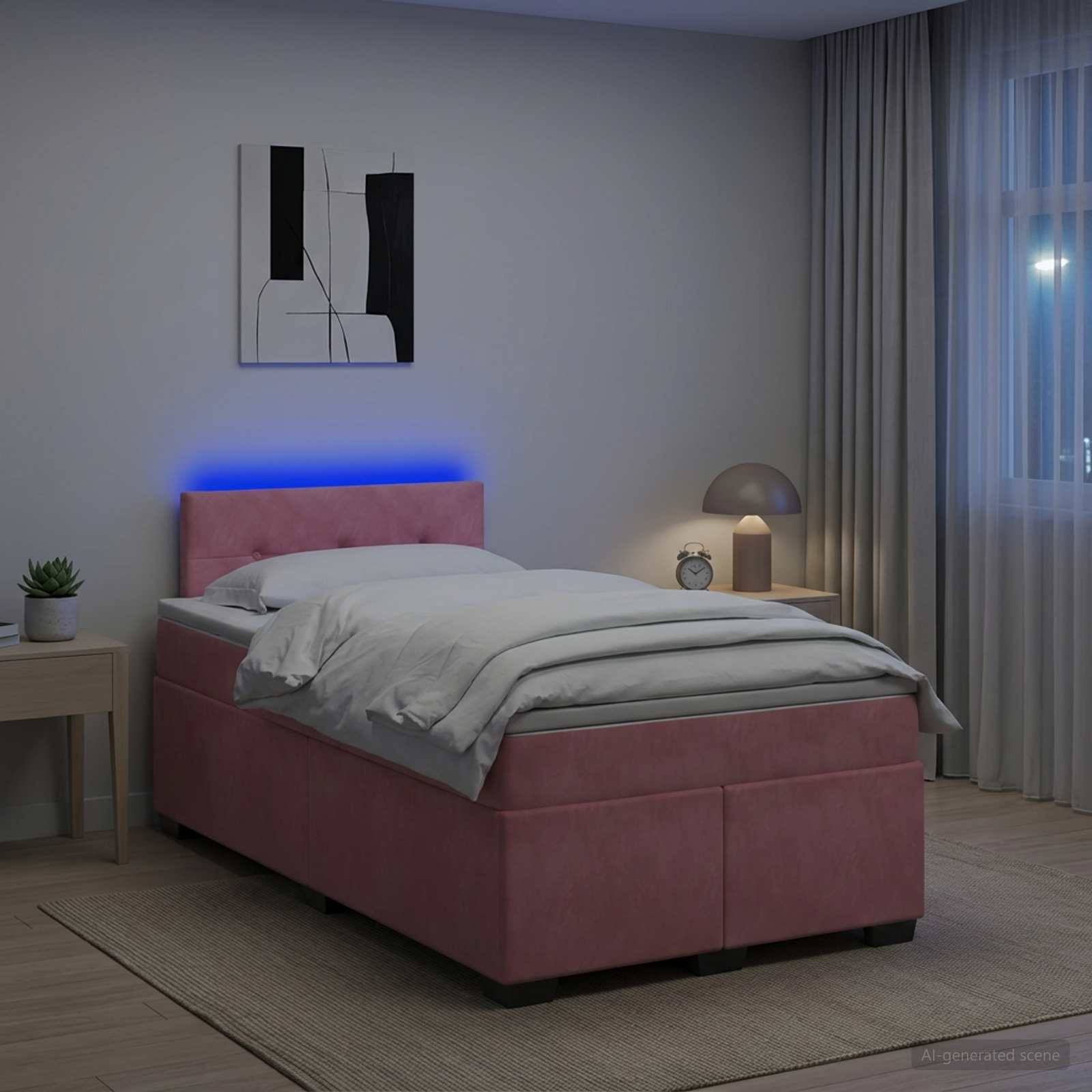 Modernes Schlafzimmer mit einem rosa gepolsterten Bett, blauem LED-Kopfkissen-Leuchten, Nachttischlampe und Uhr, transparenten Vorhängen und abstrakter Wandkunst.