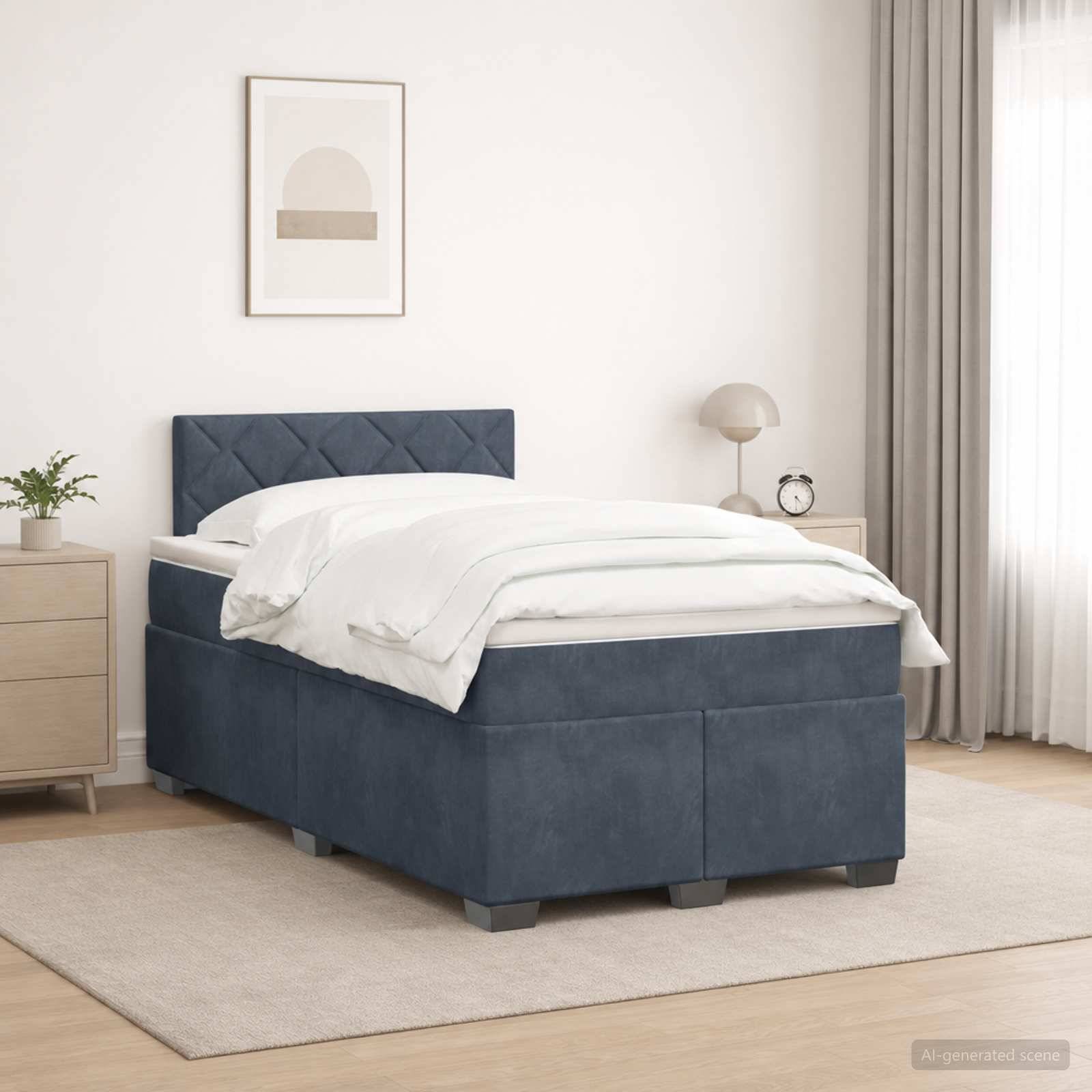 Modernes Schlafzimmer mit einem blau gepolsterten Bett, weißer Bettwäsche, Nachttisch, Lampe, Uhr, Pflanze und gerahmter Wandkunst in einem hellen, minimalistischen Raum.