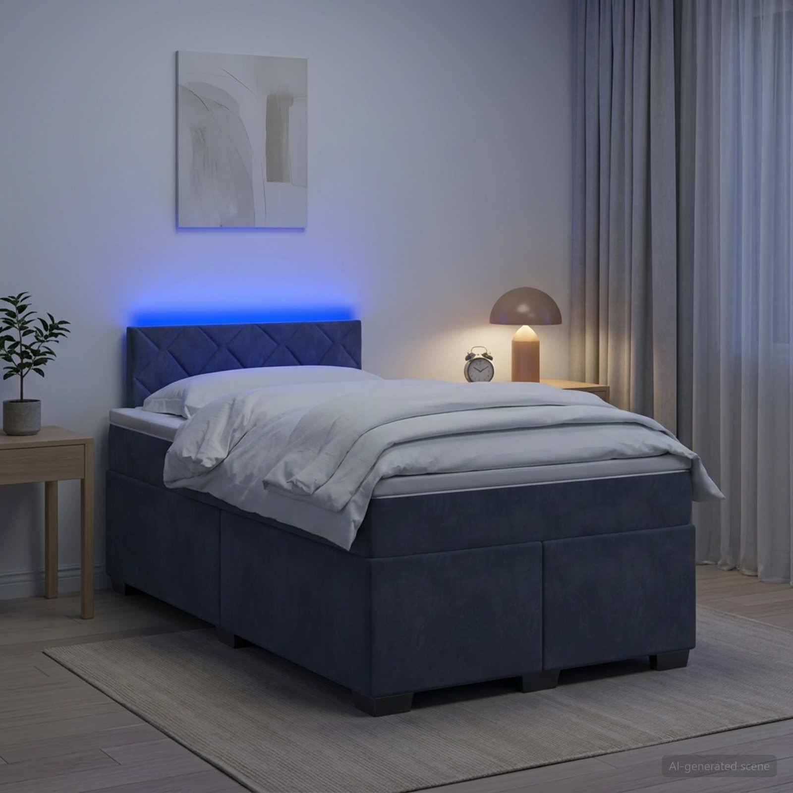 Modernes Schlafzimmer mit dunkelblauem gepolstertem Bett, blauem LED-Kopfleuchten-Glanz, Nachttischlampe und Wecker, Vorhängen, Pflanze und gerahmtem Wandkunstwerk.