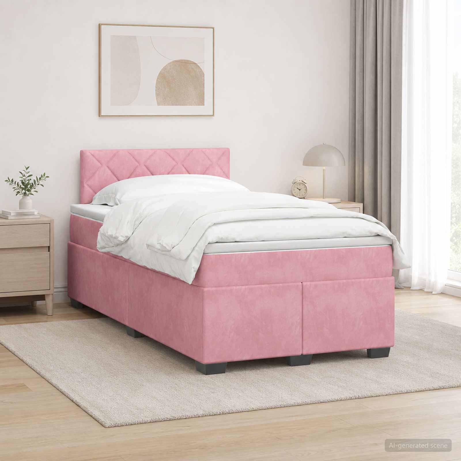 Bett mit rosa Polsterung und weißer Bettwäsche in einem hellen modernen Schlafzimmer, neben einem Nachttisch, einer Lampe und gerahmten Wandbildern.
