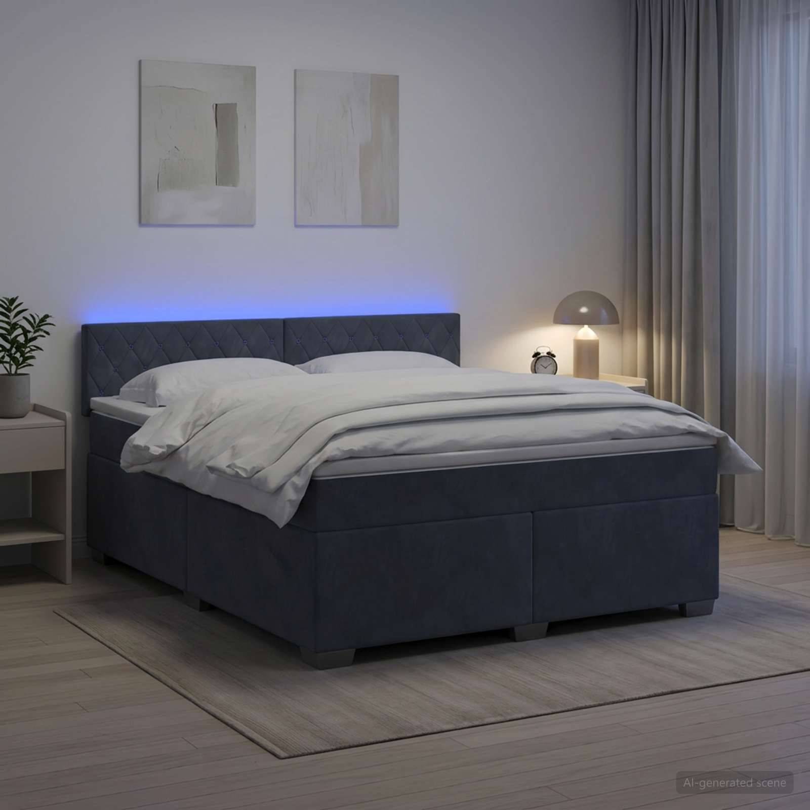 Modernes Schlafzimmer mit einem dunkel gepolsterten Bett, weißer Bettwäsche, blauem LED-Kopfleuchten-Glühen, Nachttischlampe, Vorhängen und Wandkunst.