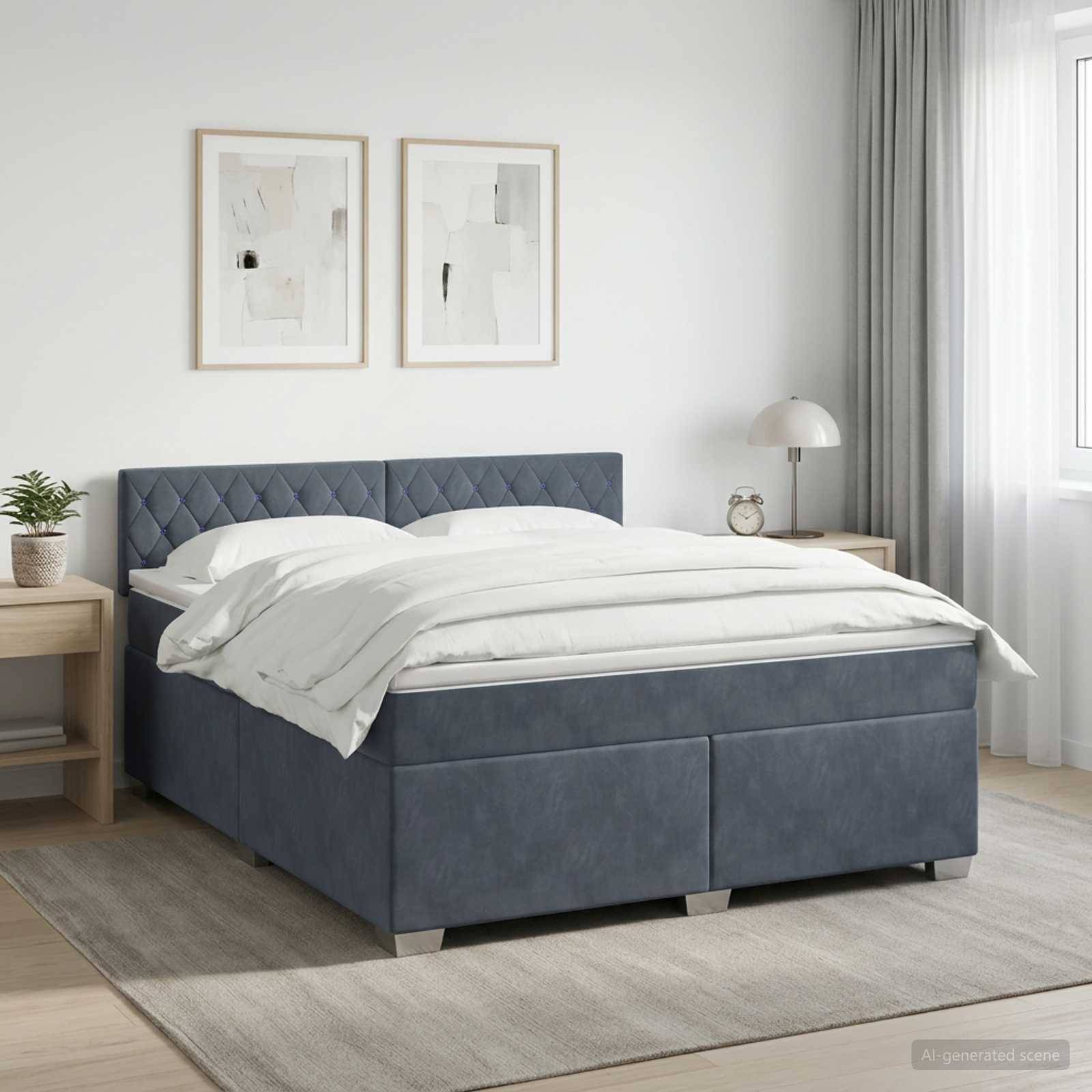 Ordentlich gemachtes blau gepolstertes Bett in einem hellen modernen Schlafzimmer mit Nachttischen, Lampe, gerahmter Wandkunst und einem Teppich.
