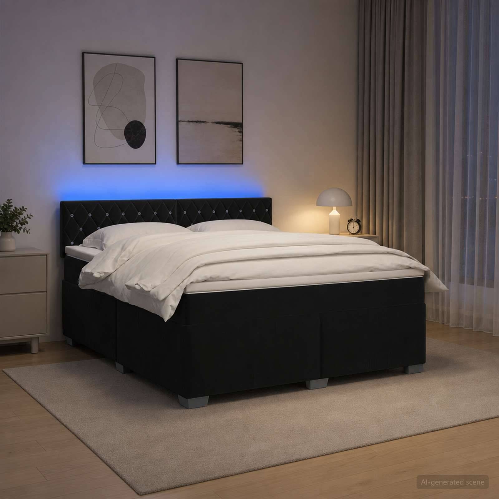 Modernes Schlafzimmer mit unmachtem schwarzem gepolstertem Bett, blauer LED-Kopfleuchte, Nachttischleuchte, Wandkunst, Teppich und transparenten Vorhängen.