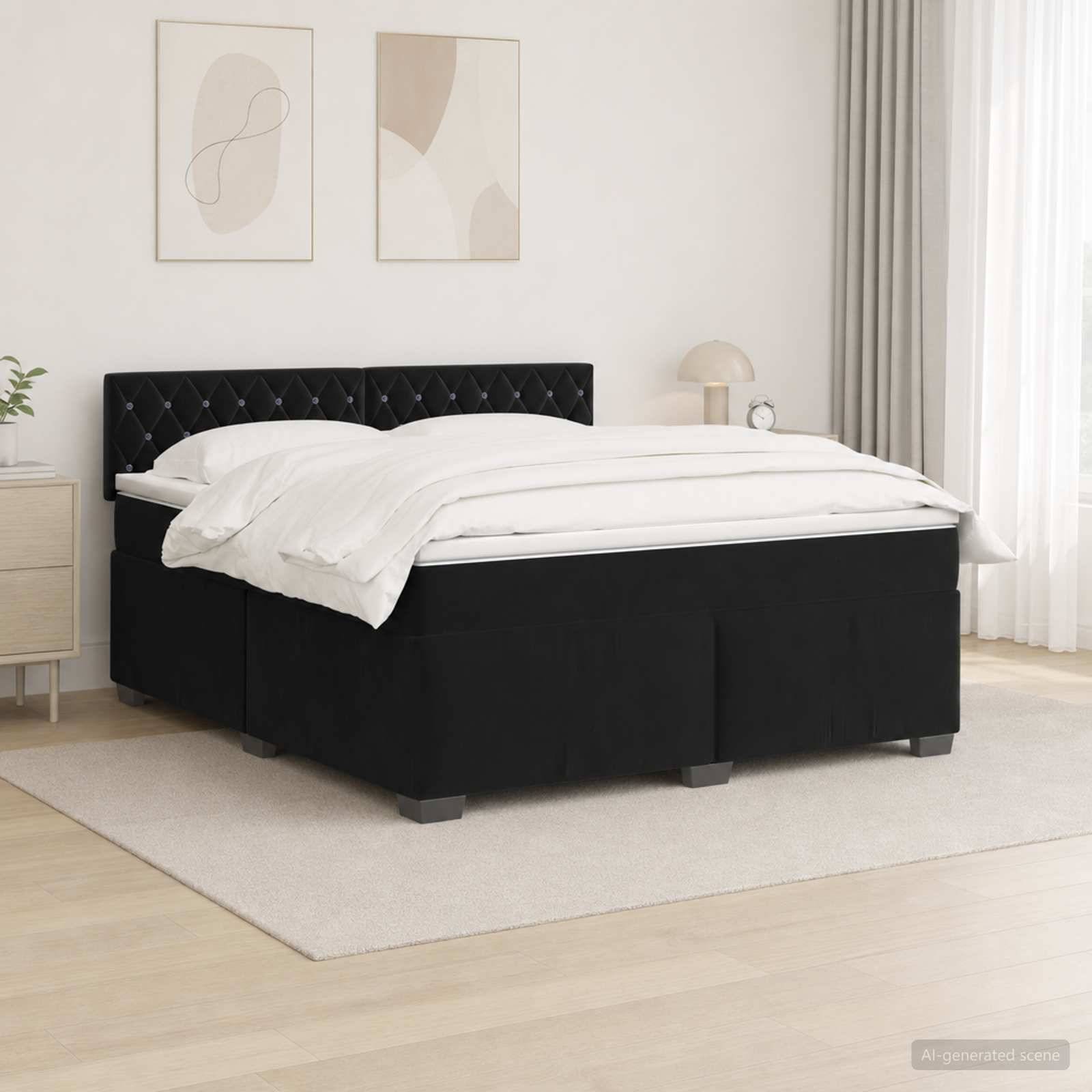 Schwarzes gepolstertes Bett mit weißer Bettwäsche in einem minimalistischen Schlafzimmer, gezeigt mit neutraler Dekoration und gerahmten Wandkunstwerken.