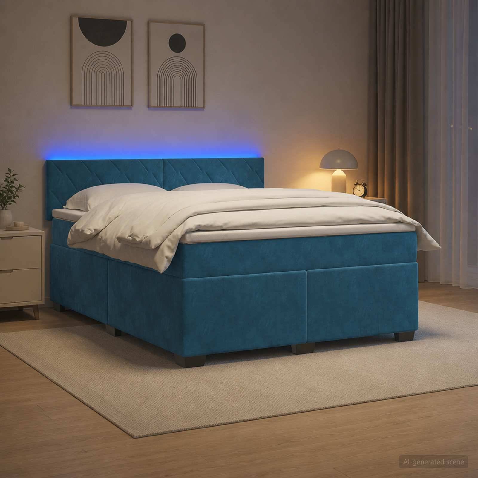 Blaugepolstertes Bett mit weißer Bettwäsche und leuchtendem Kopfteil in einem modernen Schlafzimmer.