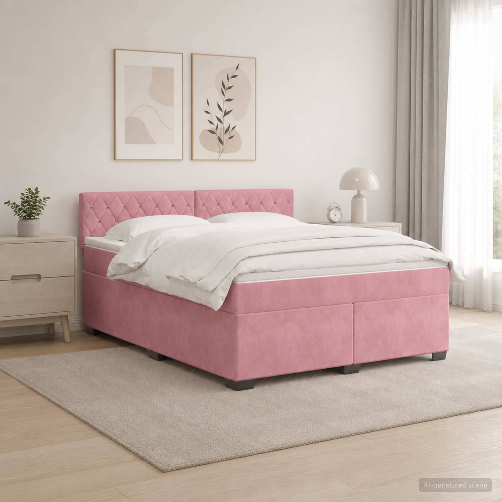 Rosafarbenes Polsterbett mit gestepptem Kopfteil in einem hellen, minimalistischen Schlafzimmer, ausgestattet mit weißer Bettwäsche neben einem Nachttisch, einer Lampe und Wandkunst.