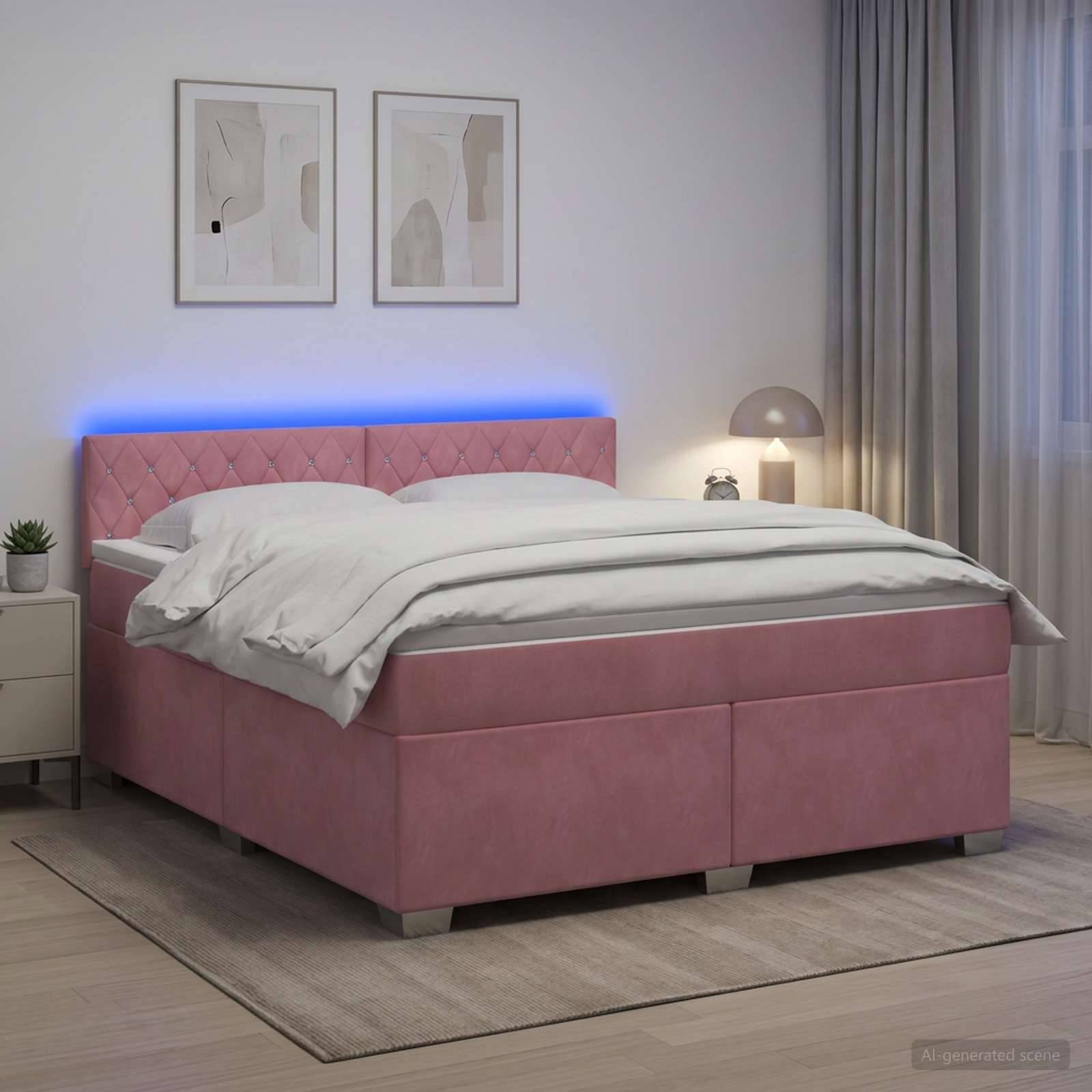 Rosabett mit gepolstertem Kopfteil mit Knopfheftung und blauer LED-Hintergrundbeleuchtung, bezogen mit weißer Bettwäsche in einem modernen Schlafzimmer.