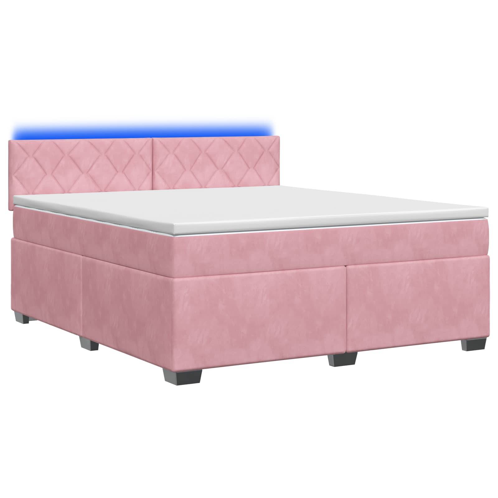 Rosa gepolstertes Bett mit gestepptem Kopfteil und weißer Matratze auf weißem Hintergrund.