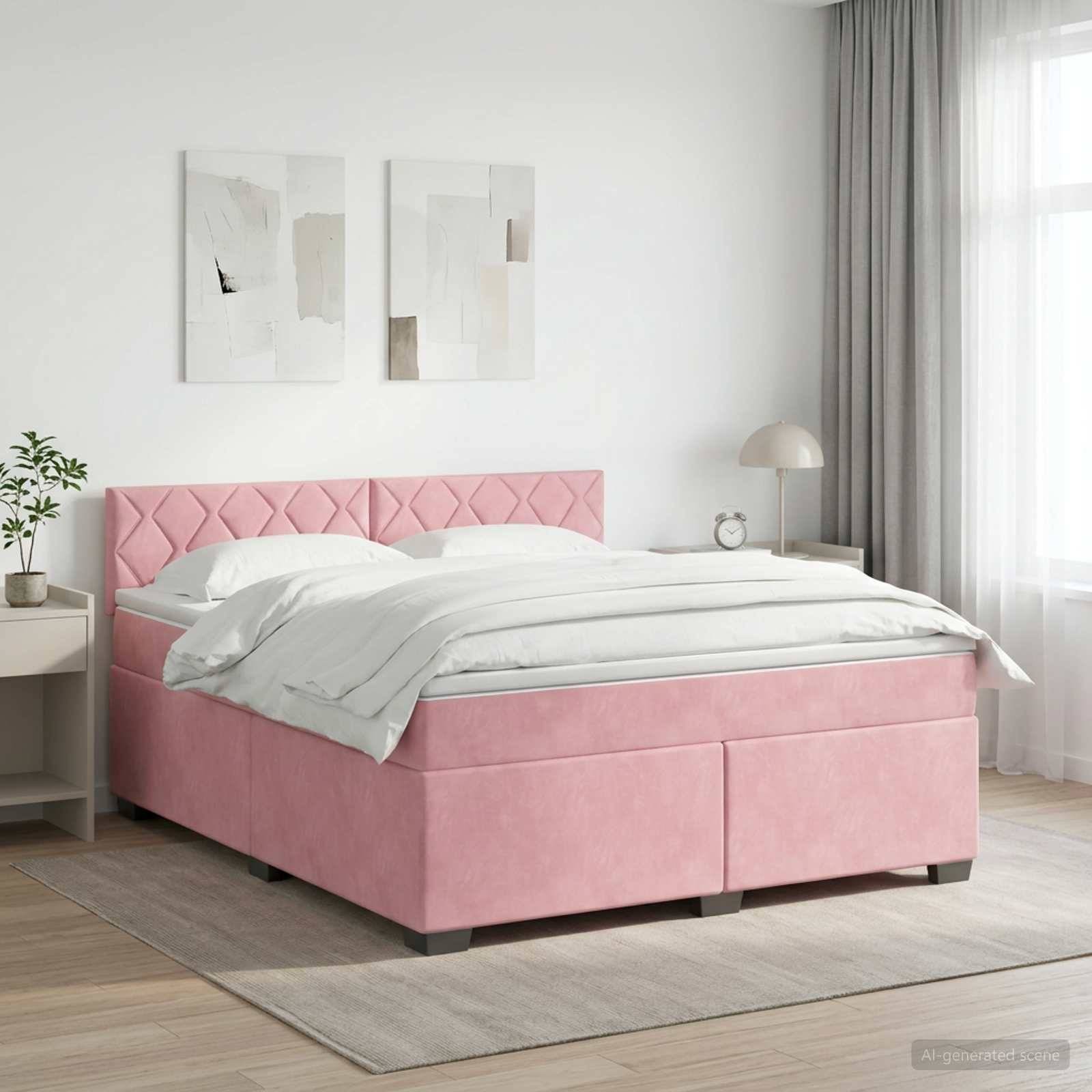 Rosa gepolstertes Bett mit Schubladen zum Verstauen in einem hellen, minimalistischen Schlafzimmer, bezogen mit weißer Bettwäsche und neben einem Fenster mit Gardinen.