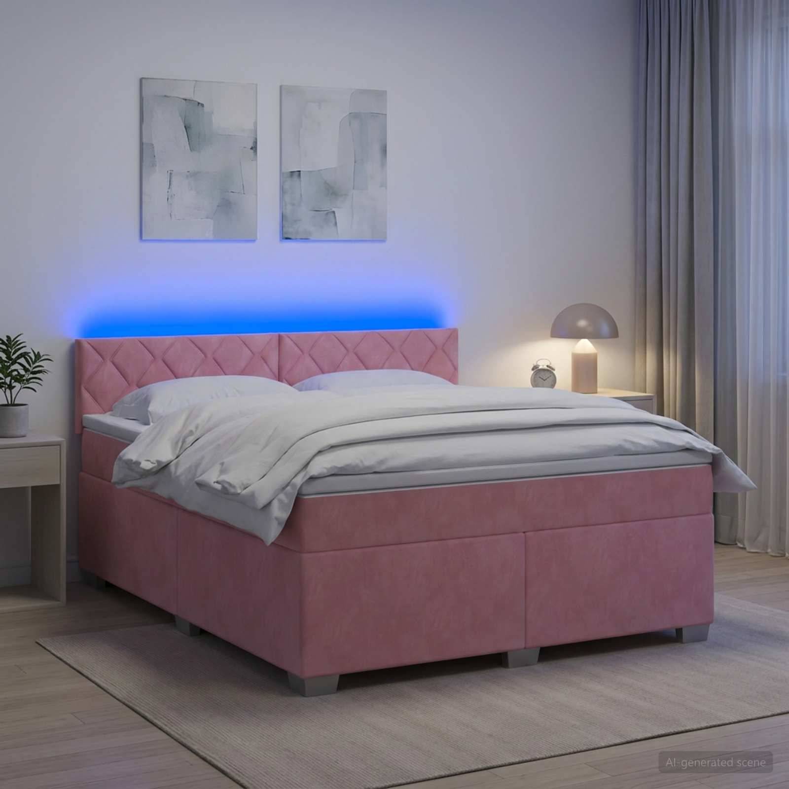 Modernes Schlafzimmer mit einem rosa gepolsterten Bett, weißer Bettwäsche, blauem LED-Kopfteilen-Glanz, Nachttischleuchte und minimalistischer Wandkunst.