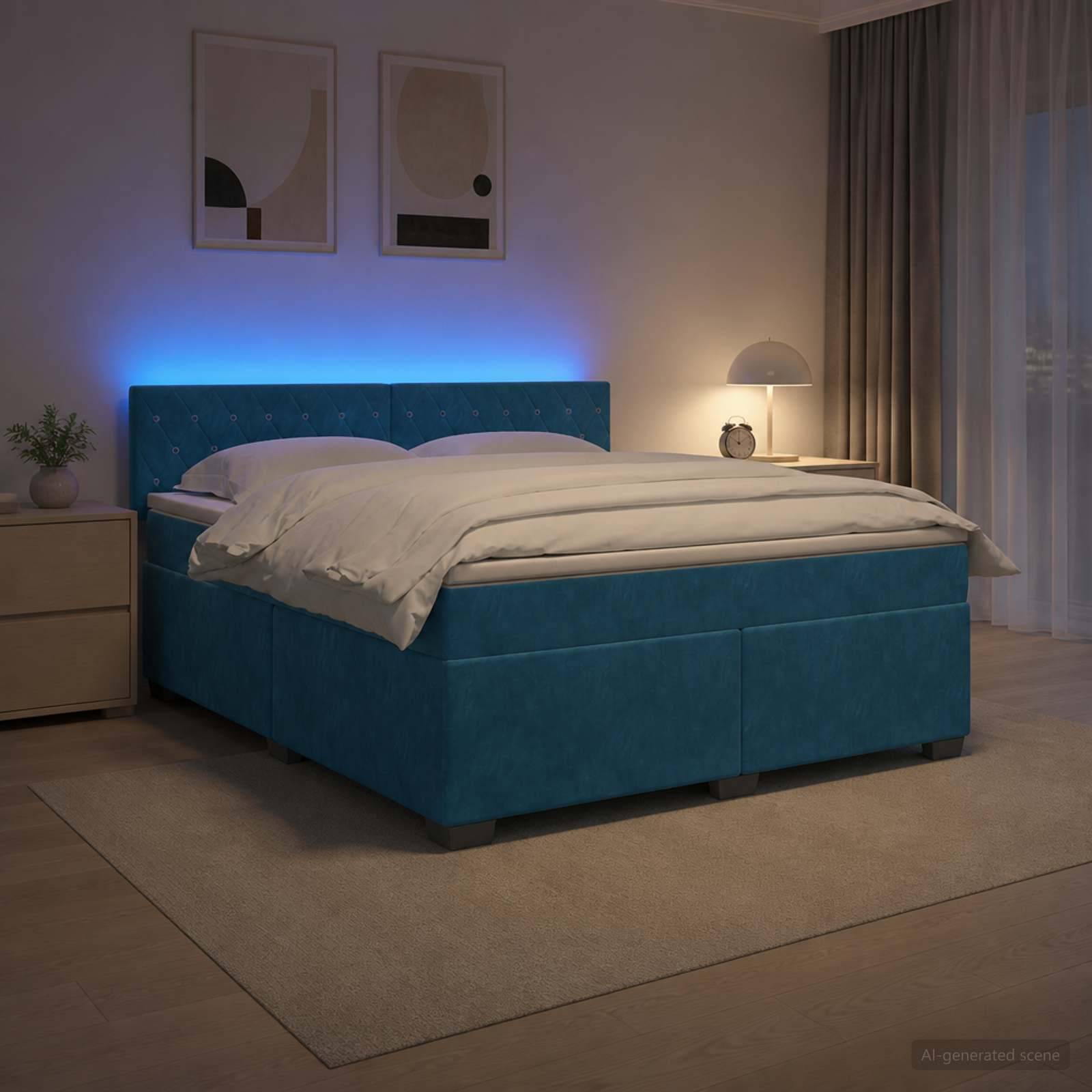 Modernes Schlafzimmer mit einem blaugrünen gepolsterten Bett, das von blauen LED-Kopfleuchten beleuchtet wird, weißer Bettwäsche, Nachttischlampe, Nachttisch und gerahmter Wandkunst.