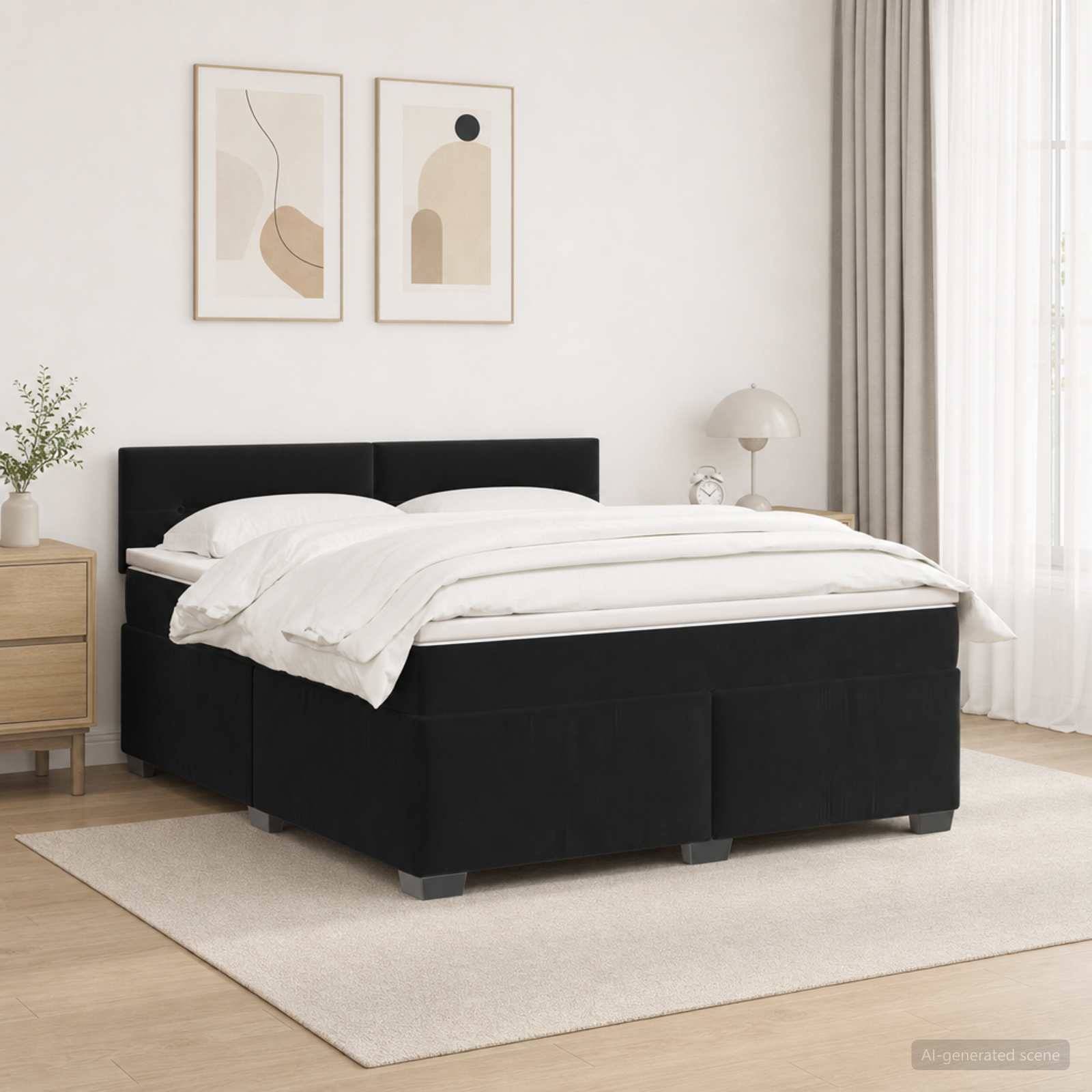 Schwarzes gepolstertes Bett mit weißer Bettwäsche in einem minimalistischen Schlafzimmer, neben einem Nachttisch, einer Lampe und gerahmter Wandkunst.