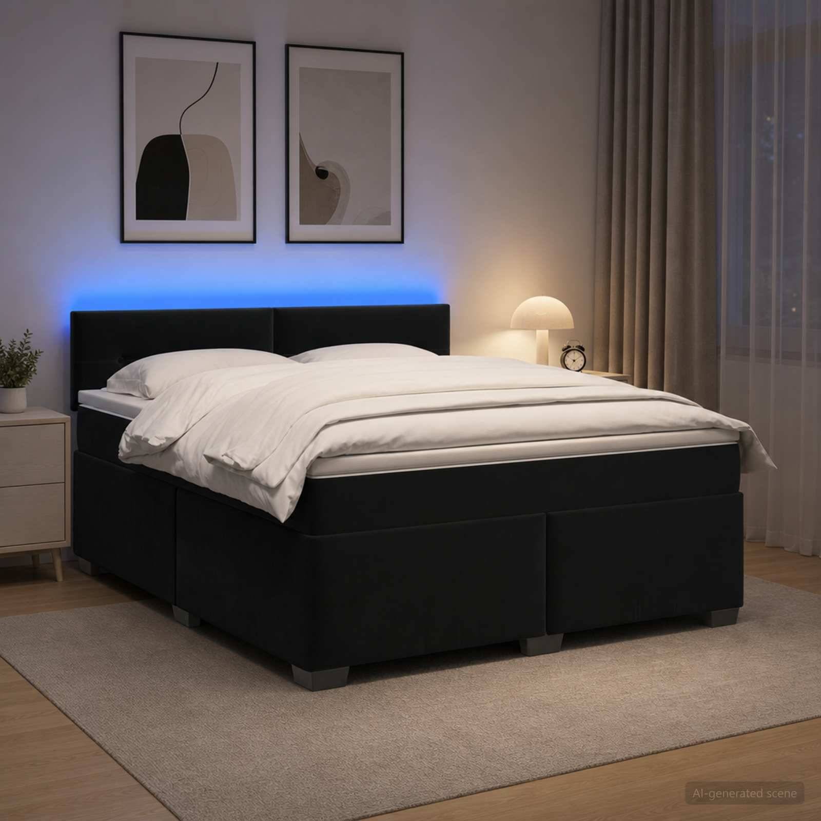 Modernes Schlafzimmer mit einem schwarz gepolsterten Bett, weißer Bettwäsche, blauem LED-Kopfglanz, Nachttischlampe und gerahmter Wandkunst.