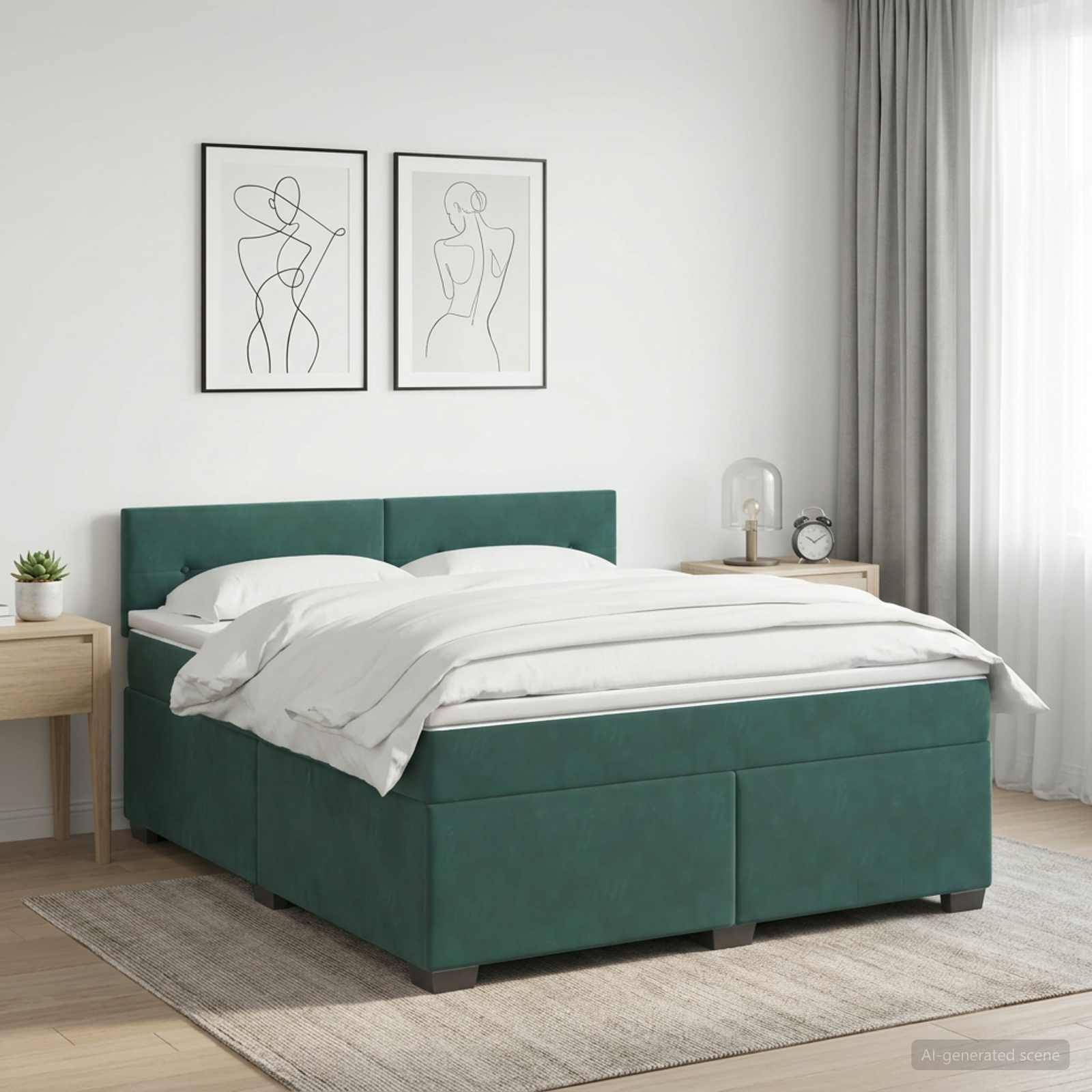 Modernes Schlafzimmer mit grünem gepolstertem Bett, weißer Bettwäsche, gerahmten Linienkunstdrucken, Nachttischen und transparenten Vorhängen.