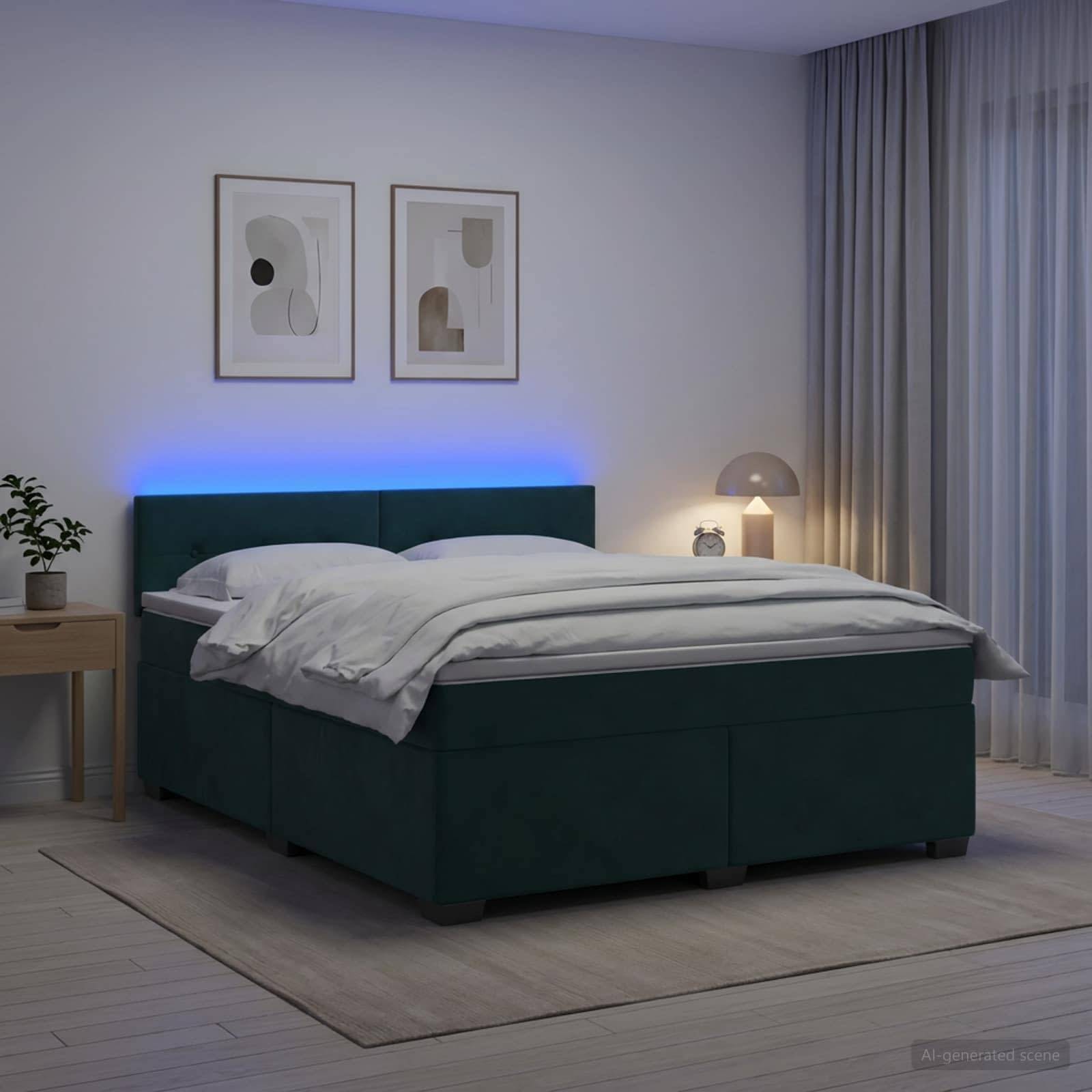 Modernes Schlafzimmer mit dunkelgrünem Bett, weißer Bettwäsche, blauem LED-Kopfleuchten, Nachttischlampe, Pflanze, Wandkunst und bodenlangen Vorhängen.