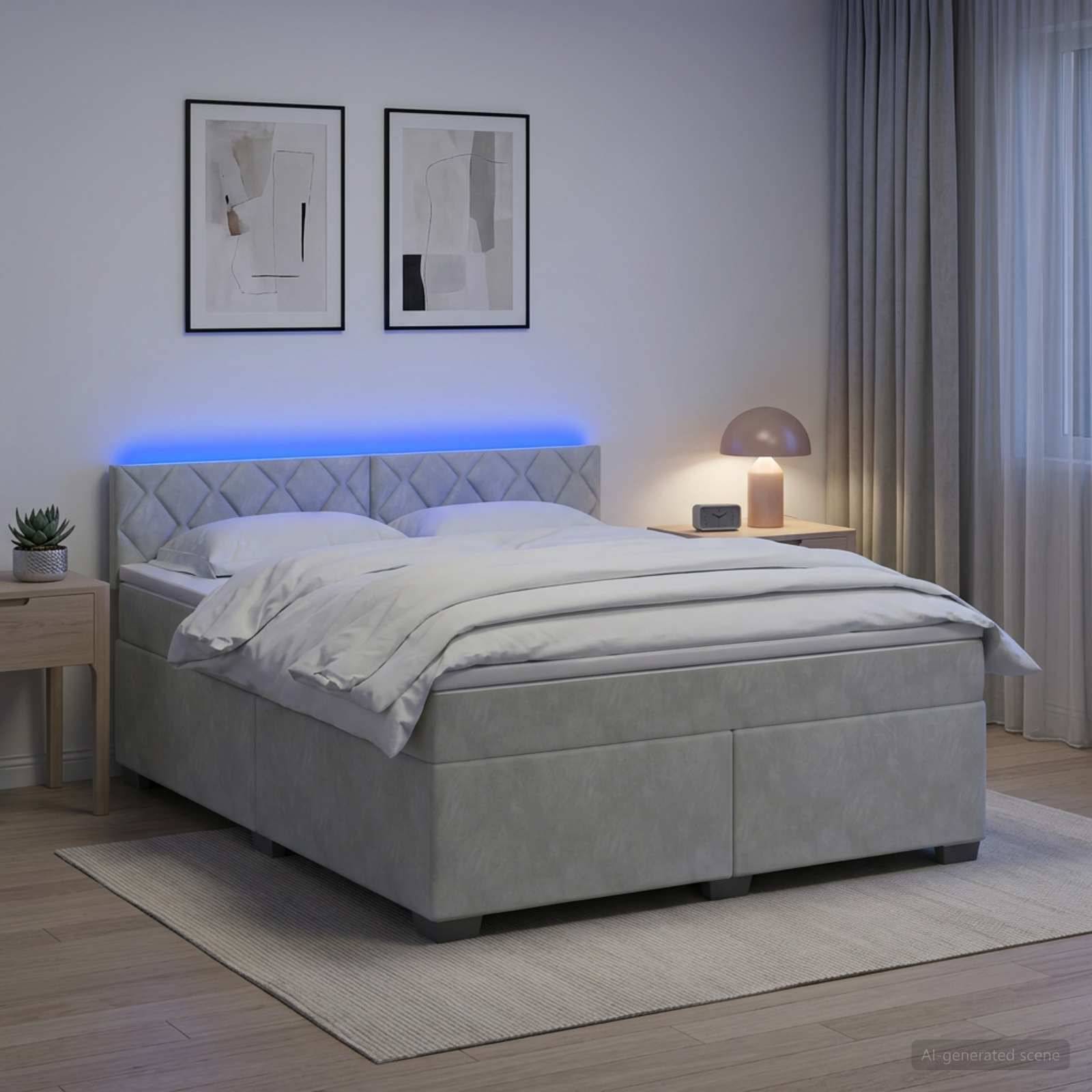 Modernes Schlafzimmer mit einem grau gepolsterten Bett, weißer Bettwäsche, blauer LED-Kopfleuchte, gerahmter Wandkunst, Nachttischlampe und Vorhängen.