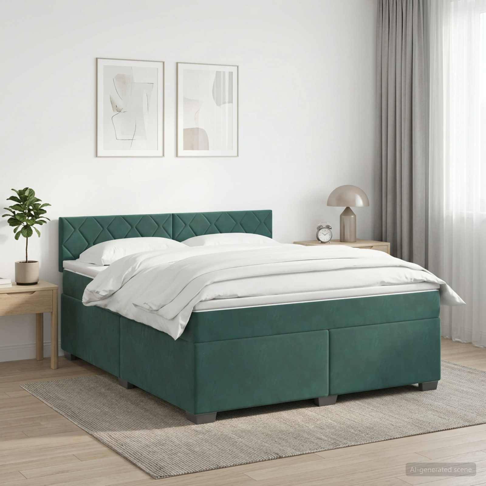Modernes Schlafzimmer mit einem gemachten Bett mit Tealpolsterung, das von zwei Nachttischen flankiert wird, Bildrahmen an der Wand und weichen grauen Vorhängen.
