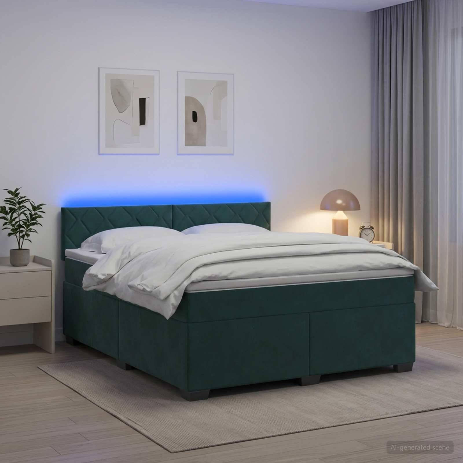 Modernes Schlafzimmer mit einem dunkelgrün gepolsterten Bett, weißer Bettwäsche, blauer Kopfleuchte, Nachttischlampe, Pflanze und gerahmten Wandbildern.