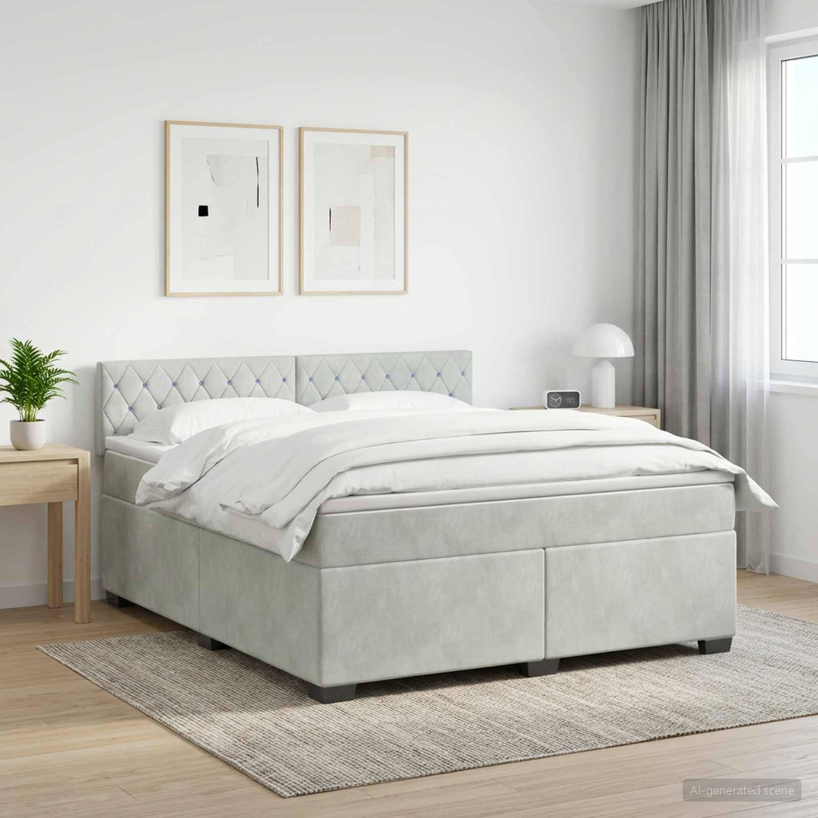 Ein modernes Schlafzimmer mit einem hellgrauen gepolsterten Bett, weißer Bettwäsche, Nachttischen, gerahmten Wandkunstwerken, Vorhängen und einem Fenster.