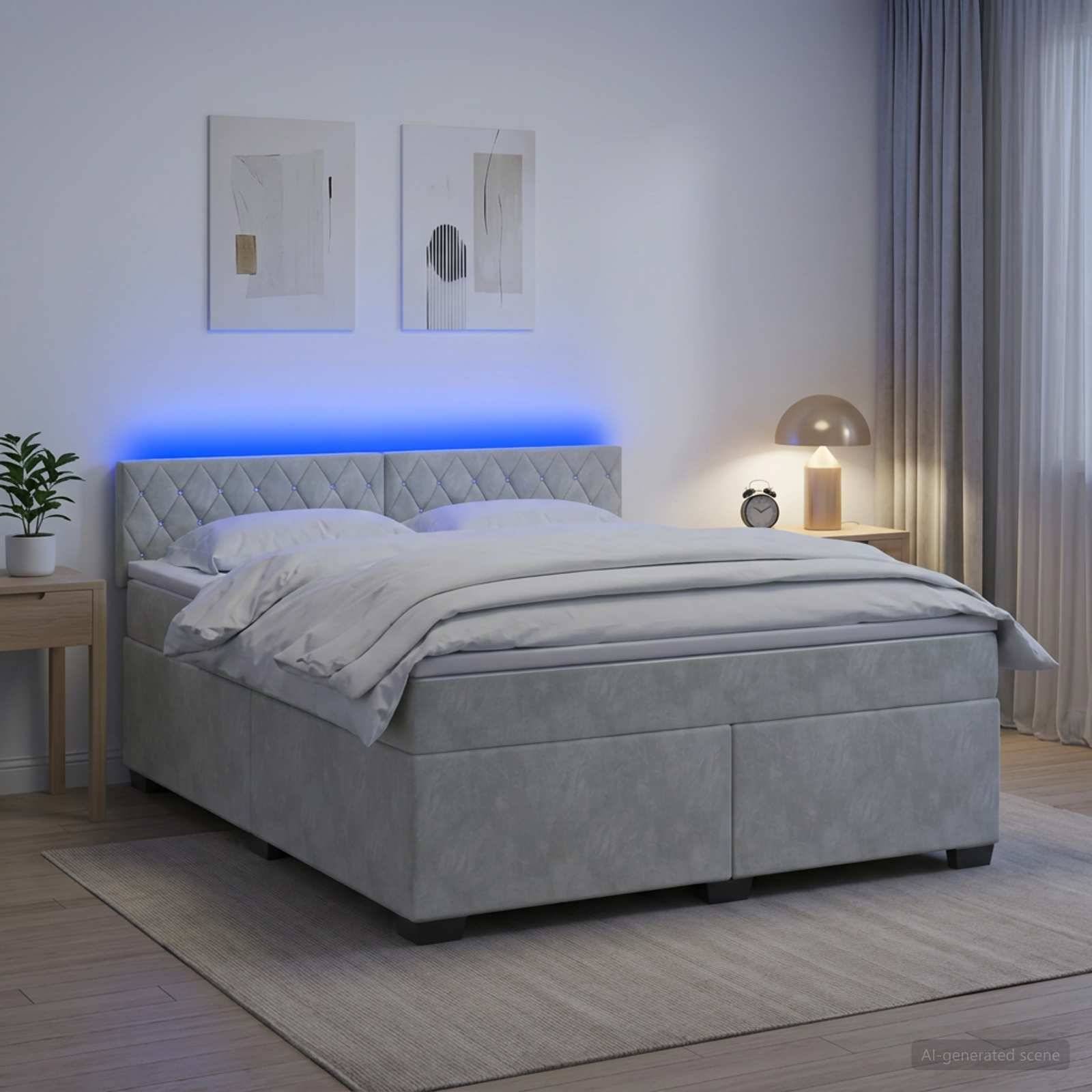 Modernes graupolstertes Bett mit weißer Bettwäsche in einem minimalistischen Schlafzimmer, das blaue LED-Kopfteilbeleuchtung, Nachttischlampe, Pflanze und gerahmte Wandkunst aufweist.