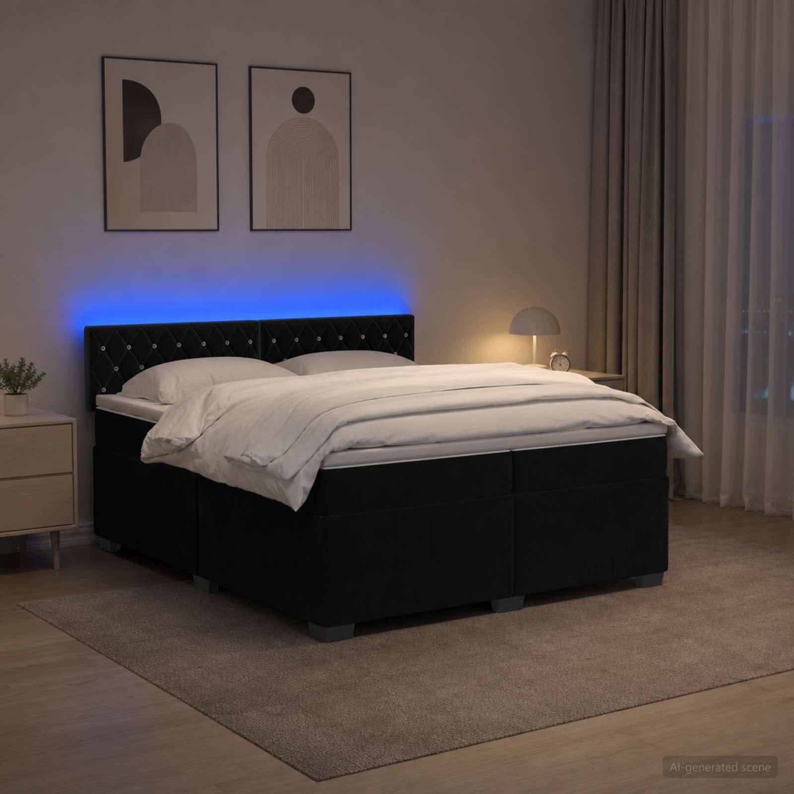 Modernes Schlafzimmer mit einem gepolsterten schwarzen Bett, weißer Bettwäsche, blauer LED-Hintergrundbeleuchtung, Nachttischlampen, gerahmten Wandbildern und Vorhängen.