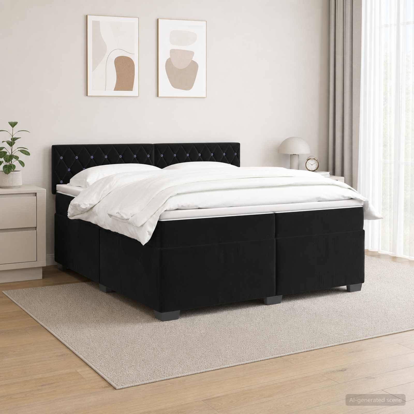Schwarz gepolstertes Bett mit weißer Bettwäsche in einem minimalistischen Schlafzimmer, mit Nachttisch, Lampe, Pflanze und Wandkunst.