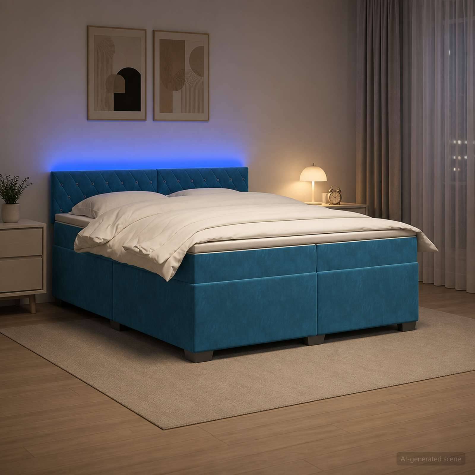 Blaues gepolstertes Bett mit weißer Bettwäsche und blauer LED-Kopfleiste in einem modernen Schlafzimmer, neben einem Nachttisch und einer Lampe.
