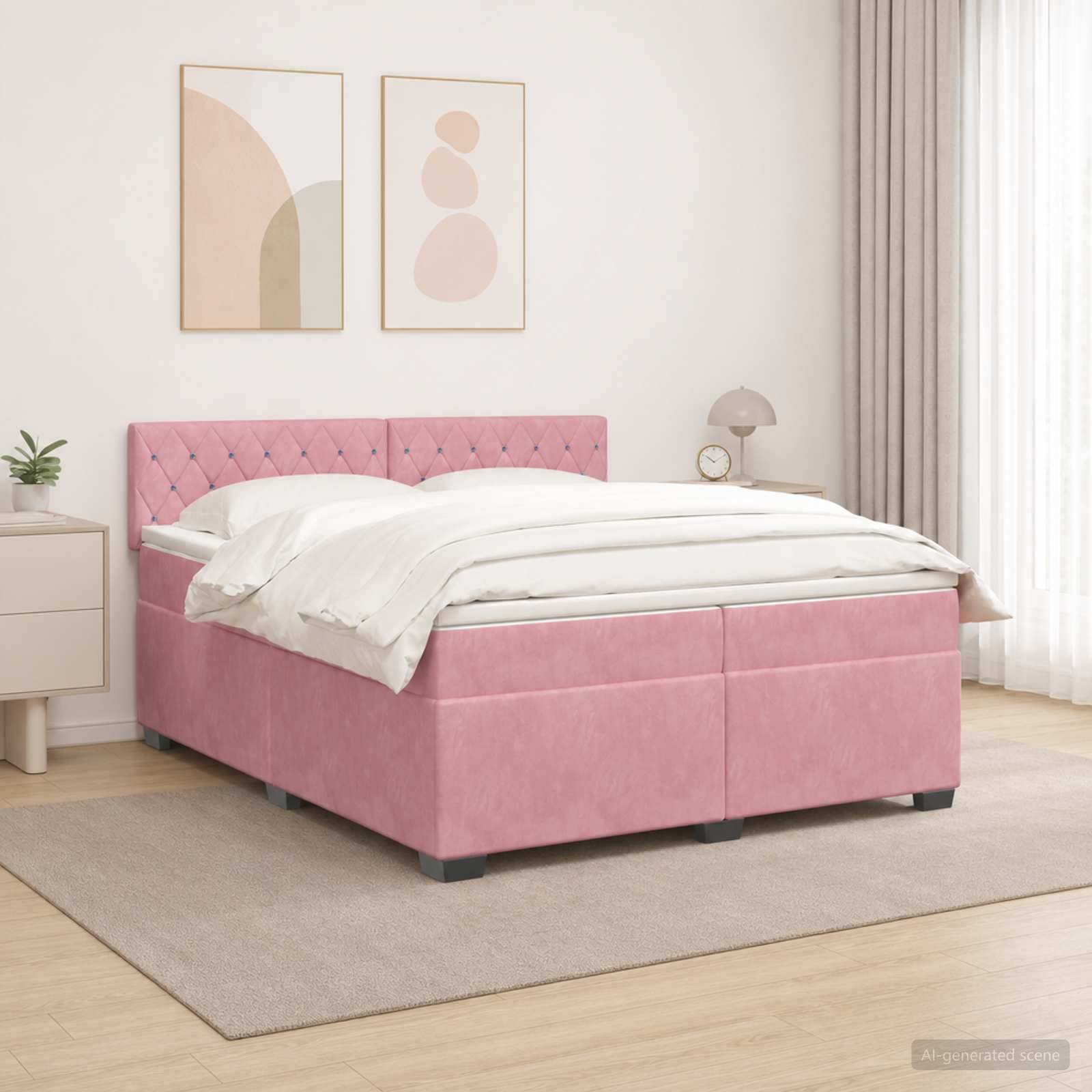 Rosa gepolstertes Bett mit weißer Bettwäsche in einem minimalistischen Schlafzimmer mit abstrakter Wandkunst, Nachttisch, Lampe und Teppich.