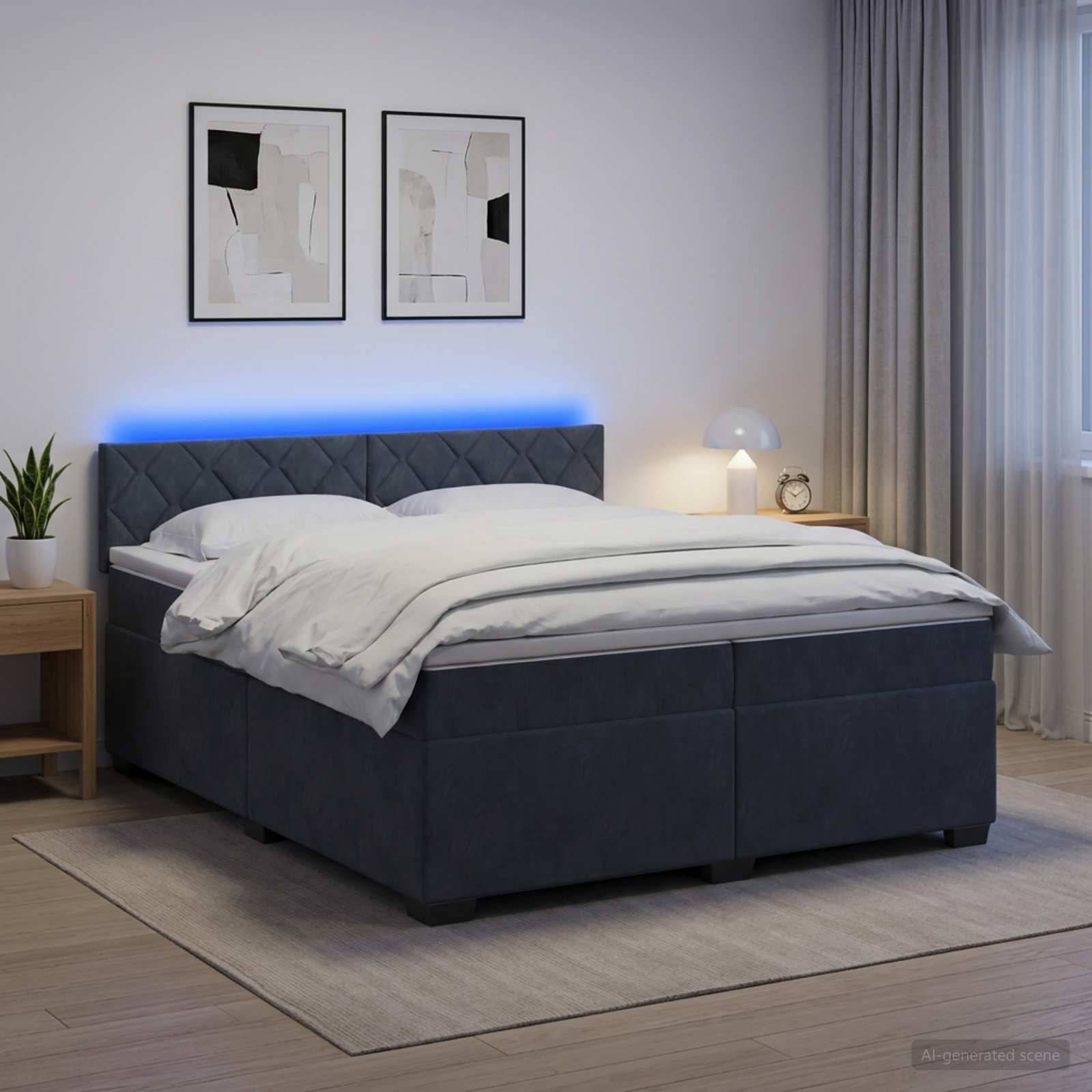 Modernes Schlafzimmer mit dunklem gepolstertem Bett, weißer Bettwäsche, blau beleuchtetes Kopfteil, Nachttisch, Lampe, Pflanze und gerahmtem Wandbild.