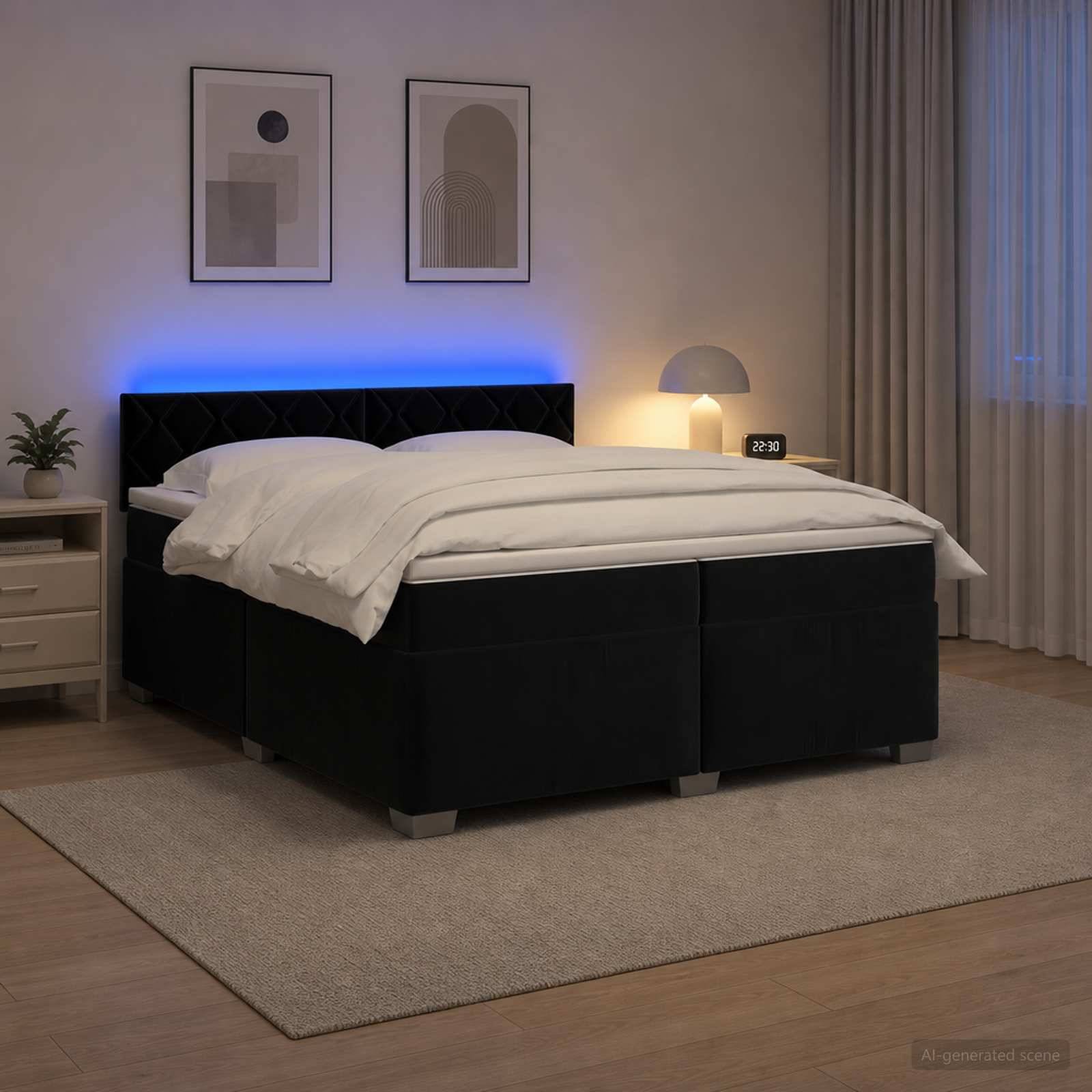 Modernes Schlafzimmer mit schwarzer Bettgestelle, weißer Bettwäsche, blau hinterleuchtetem Kopfteil, Nachttisch, Lampe, gerahmtem Wandkunstwerk und Vorhängen.