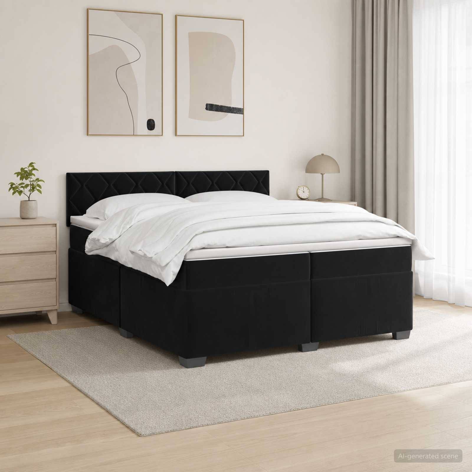 Modernes Schlafzimmer mit einem schwarzen gepolsterten Bett, weißer Bettwäsche, Nachttisch, Lampe, gerahmter Wandkunst und durchsichtigen Gardinen.