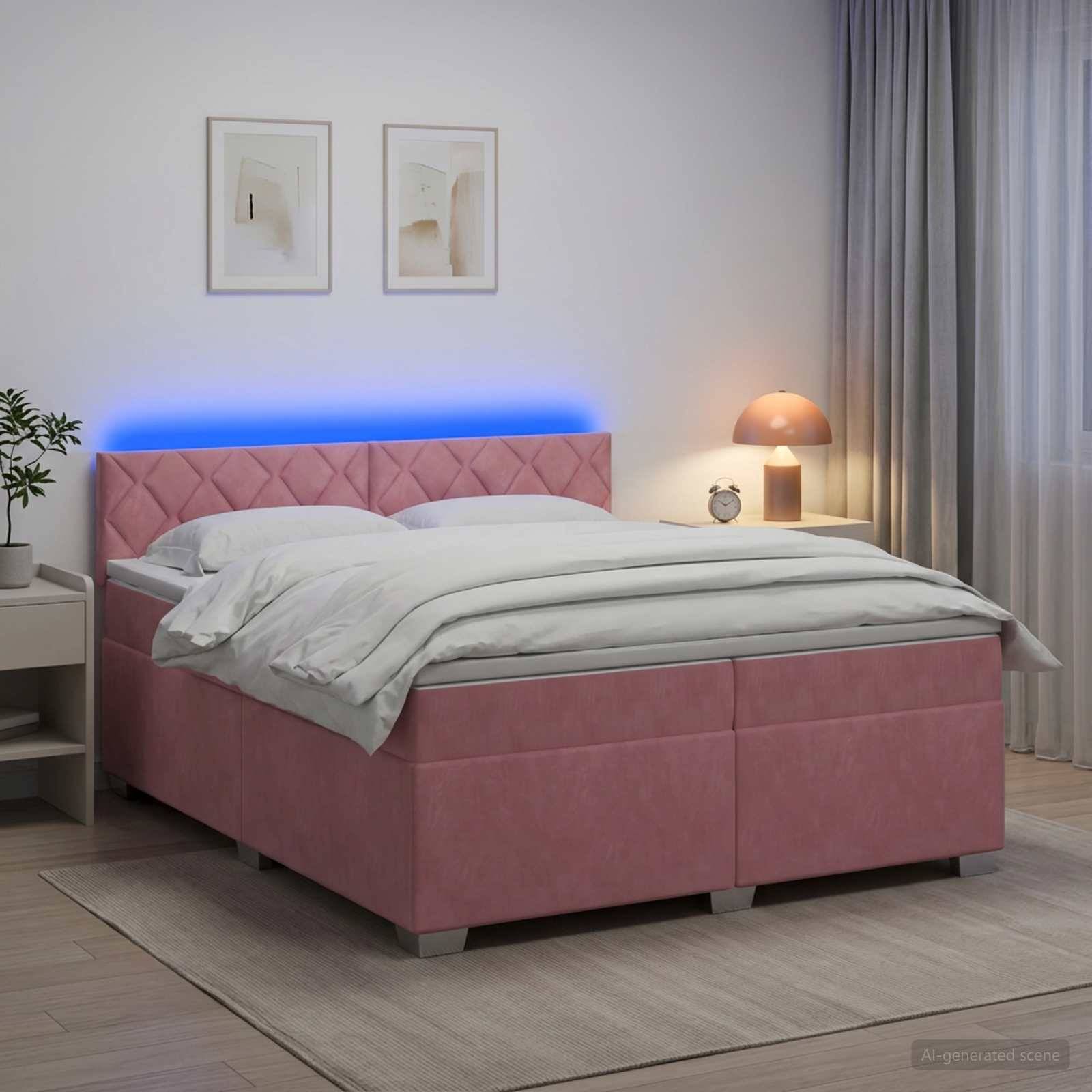 Bett mit rosa Polsterung und weißer Bettwäsche in einem modernen Schlafzimmer mit blauem hinterleuchtetem Kopfteil, Nachttischlampe, gerahmtem Wandbild und Vorhängen.
