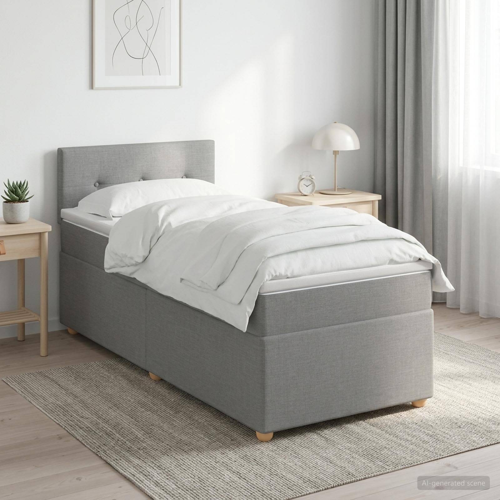 Ordentlich gemachtes grau gepolstertes Einzelbett in einem hellen minimalistischen Schlafzimmer, mit Nachttischen, Lampe, Pflanze, Teppich und durchscheinenden Vorhängen.