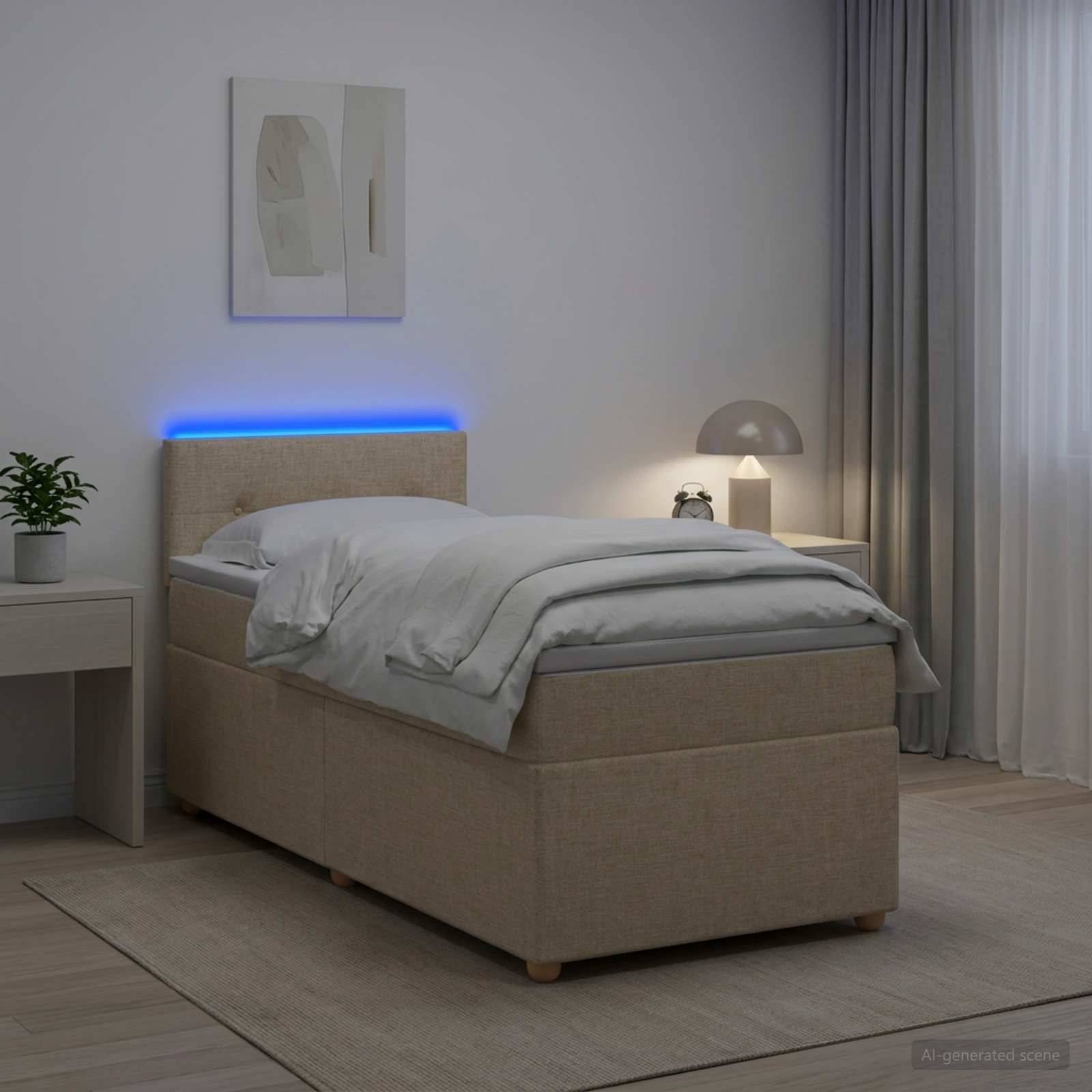 Modernes Schlafzimmer mit einem ordentlich gemachtem Bett mit blauer LED-Kopfleuchte, Nachttischlampe, Pflanze, Wandkunst und transparenten Vorhängen.