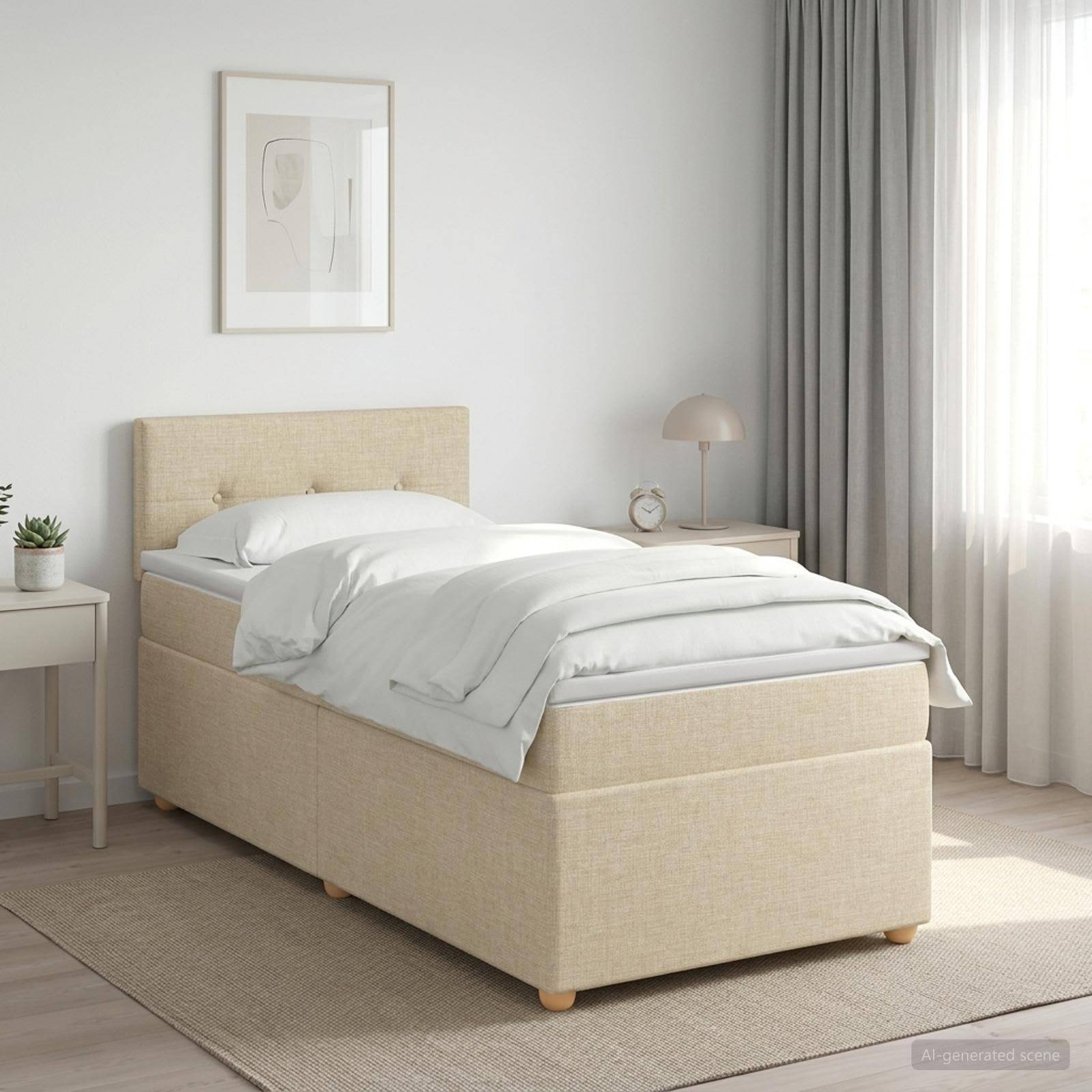 Ein beiges gepolstertes Einzelbett mit weißer Bettwäsche in einem hellen minimalistischen Schlafzimmer neben einem Nachttisch, einer Lampe und einem Fenster mit Vorhängen.