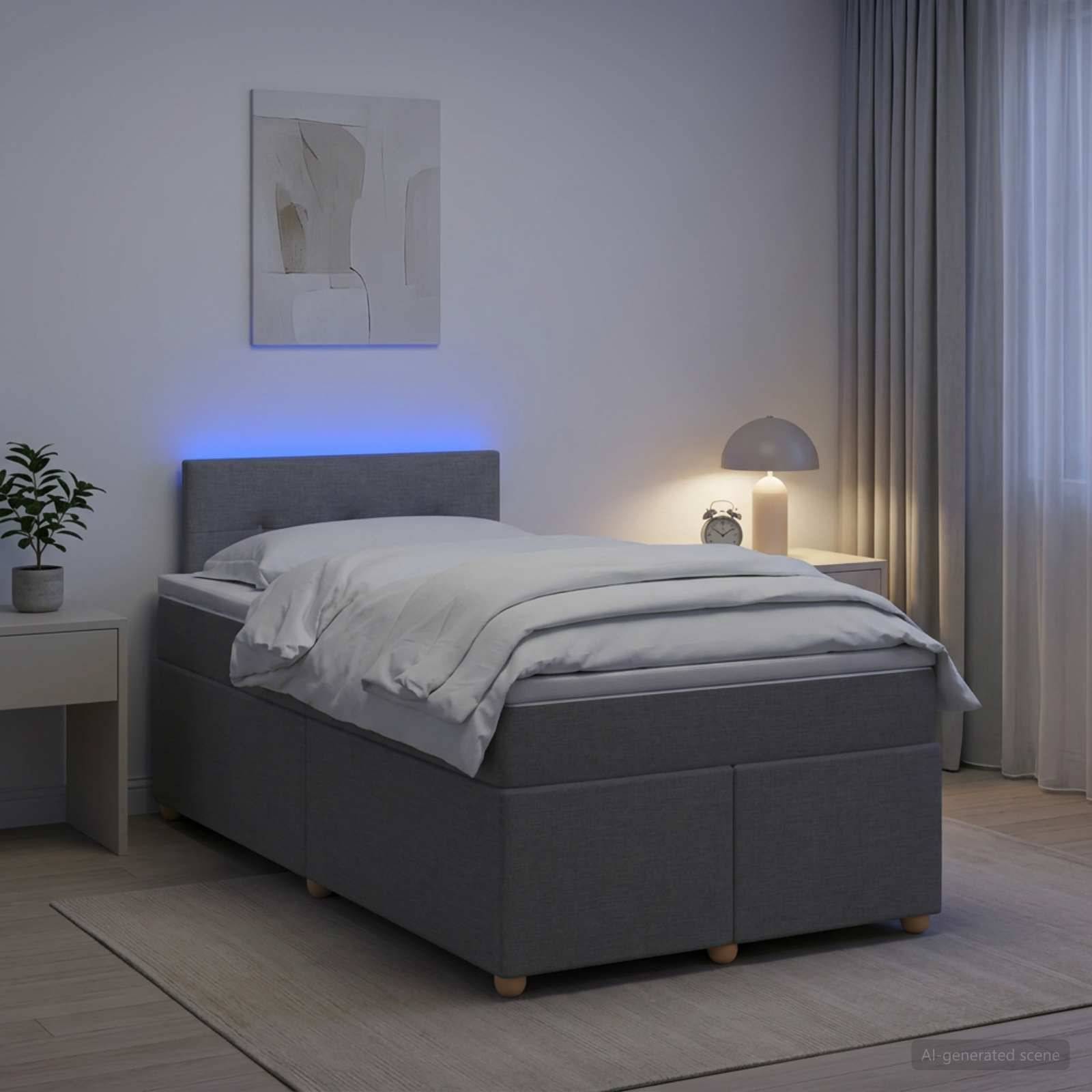 Modernes grau gepolstertes Bett mit weißer Bettwäsche in einem minimalistischen Schlafzimmer, beleuchtet durch eine Nachttischlampe und ein weiches blaues Kopfleuchten.