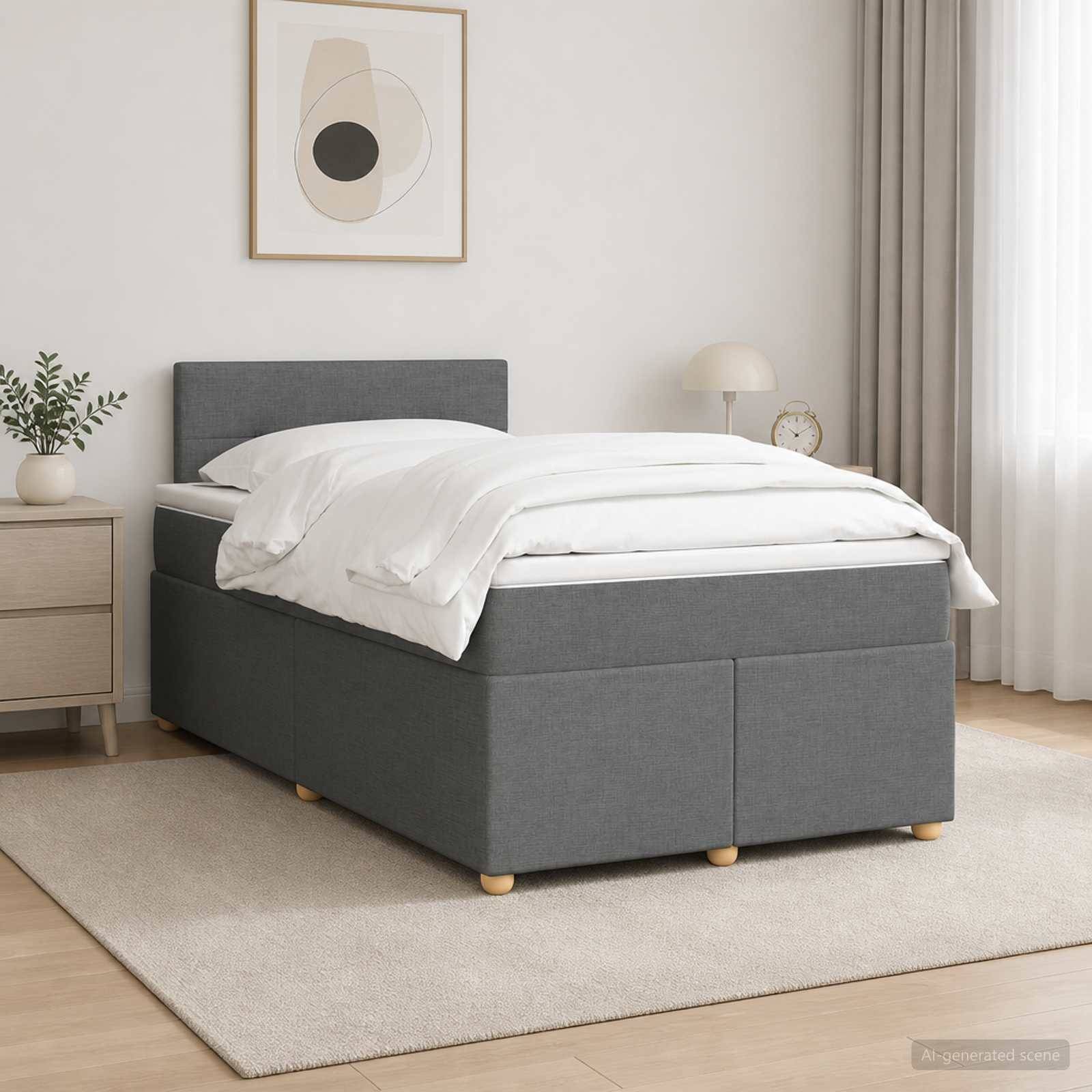 Modernes Schlafzimmer mit einem grau gepolsterten Bett, weißer Bettwäsche, Nachttisch, Lampe, Pflanze und Wandkunst auf einem beigen Teppich