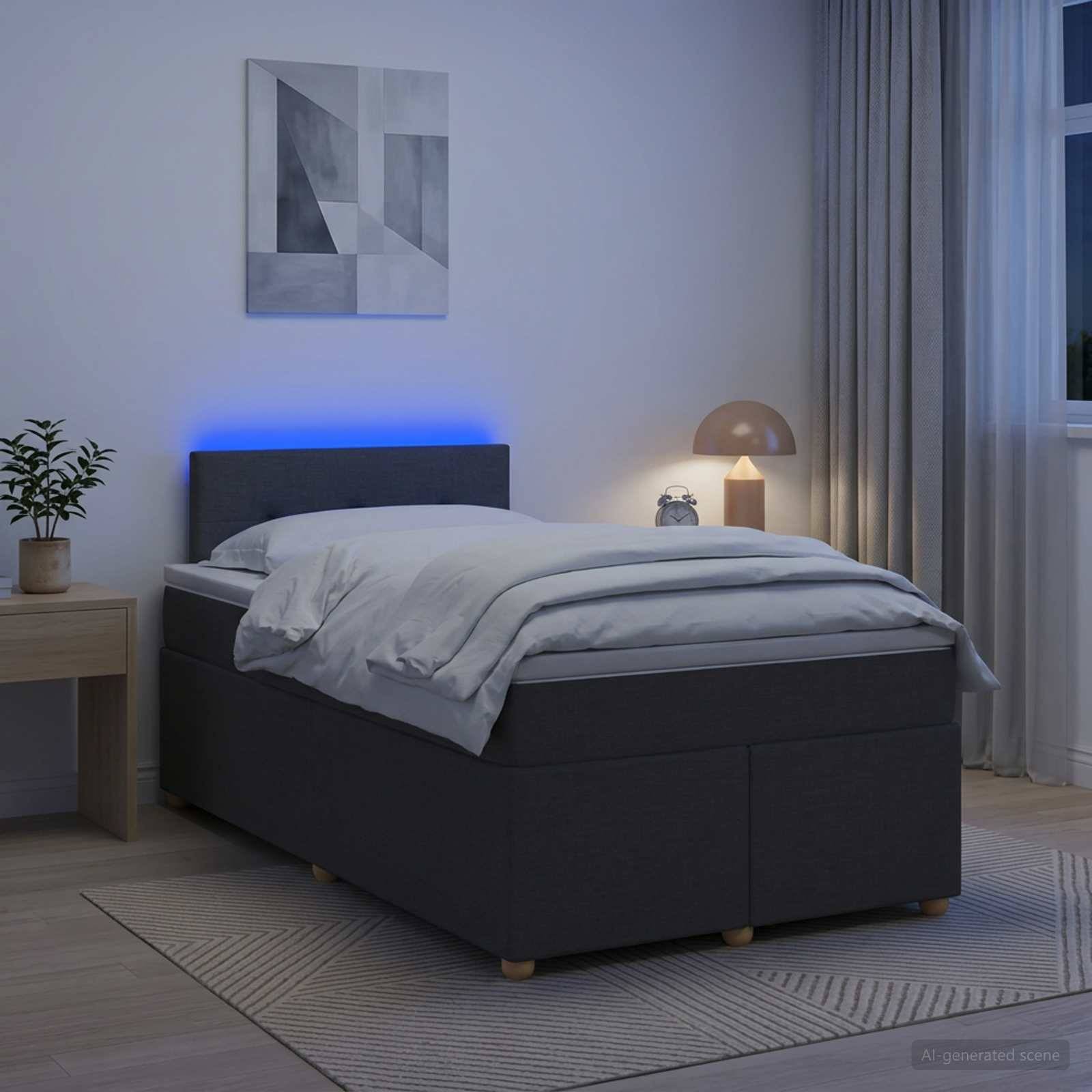 Modernes Schlafzimmer mit dunkel gepolstertem Bett, weißer Bettwäsche, blauer Kopfleuchtleuchte, Nachttischlampe, Pflanze und abstrakter Wandkunst.