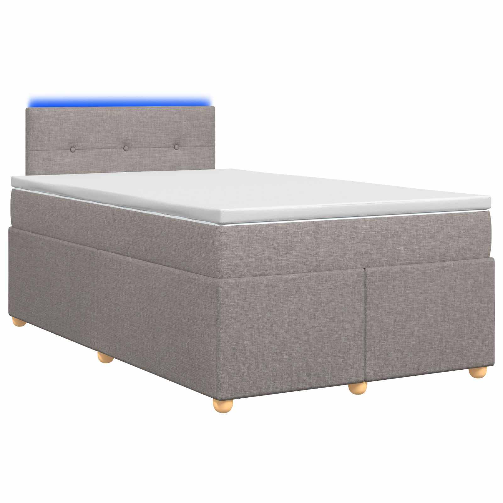 Grau gepolstertes Bett mit weißer Matratze und gepolstertem Kopfteil, dargestellt auf einem schlichten weißen Hintergrund.