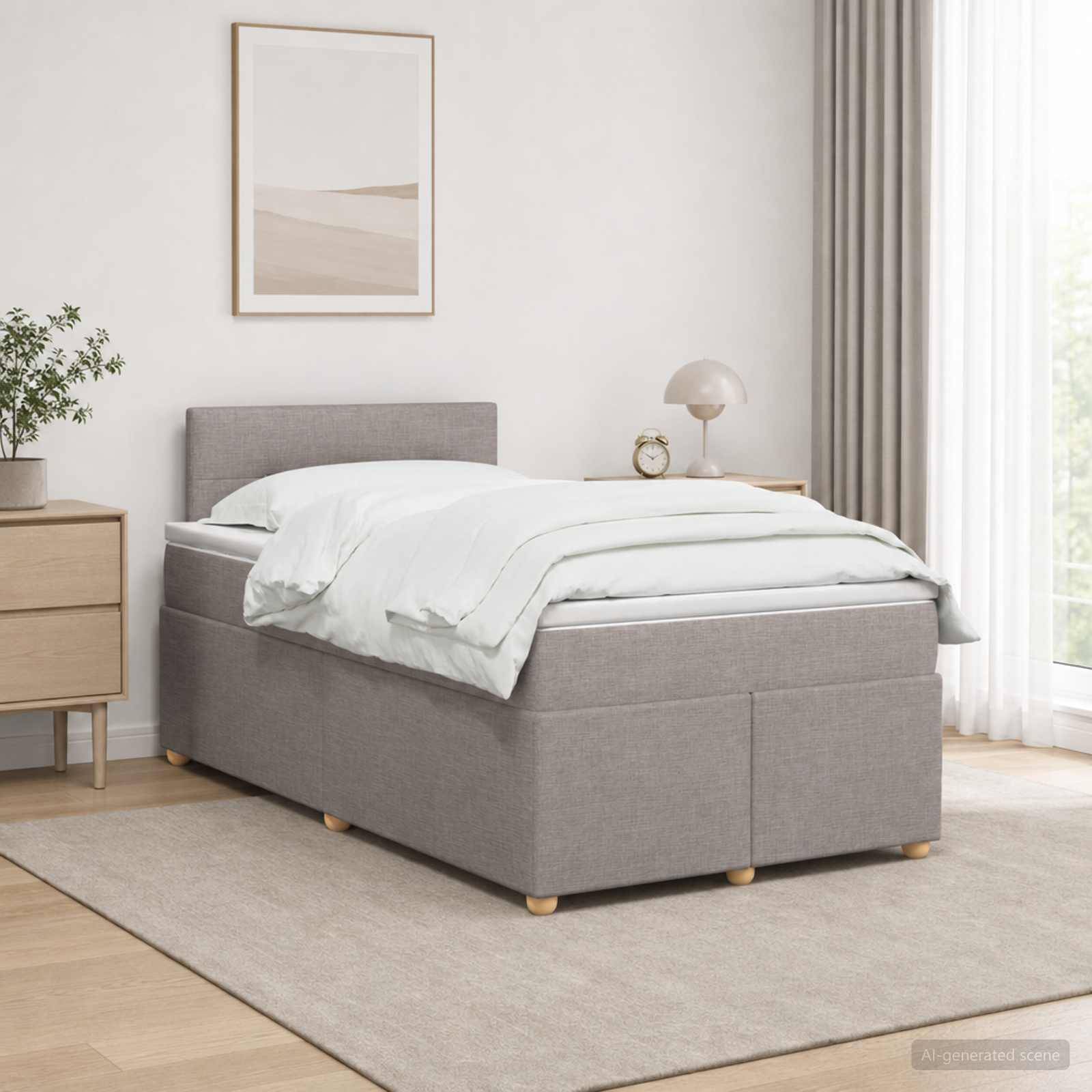 Ein ordentlich gemachtes, grau gepolstertes Speicherbett in einem minimalistischen Schlafzimmer mit weißer Bettwäsche, Nachttisch, Lampe und gerahmter Wandkunst.