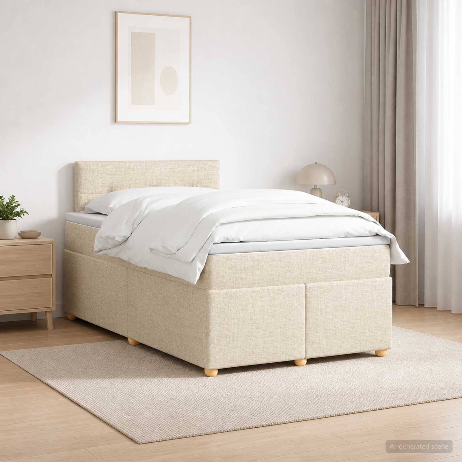 Minimalistisches Bett mit beigem Polsterbezug und weißer Bettwäsche in einem hellen Schlafzimmer, gezeigt mit Nachttisch, Lampe, Wandkunst und Teppich.