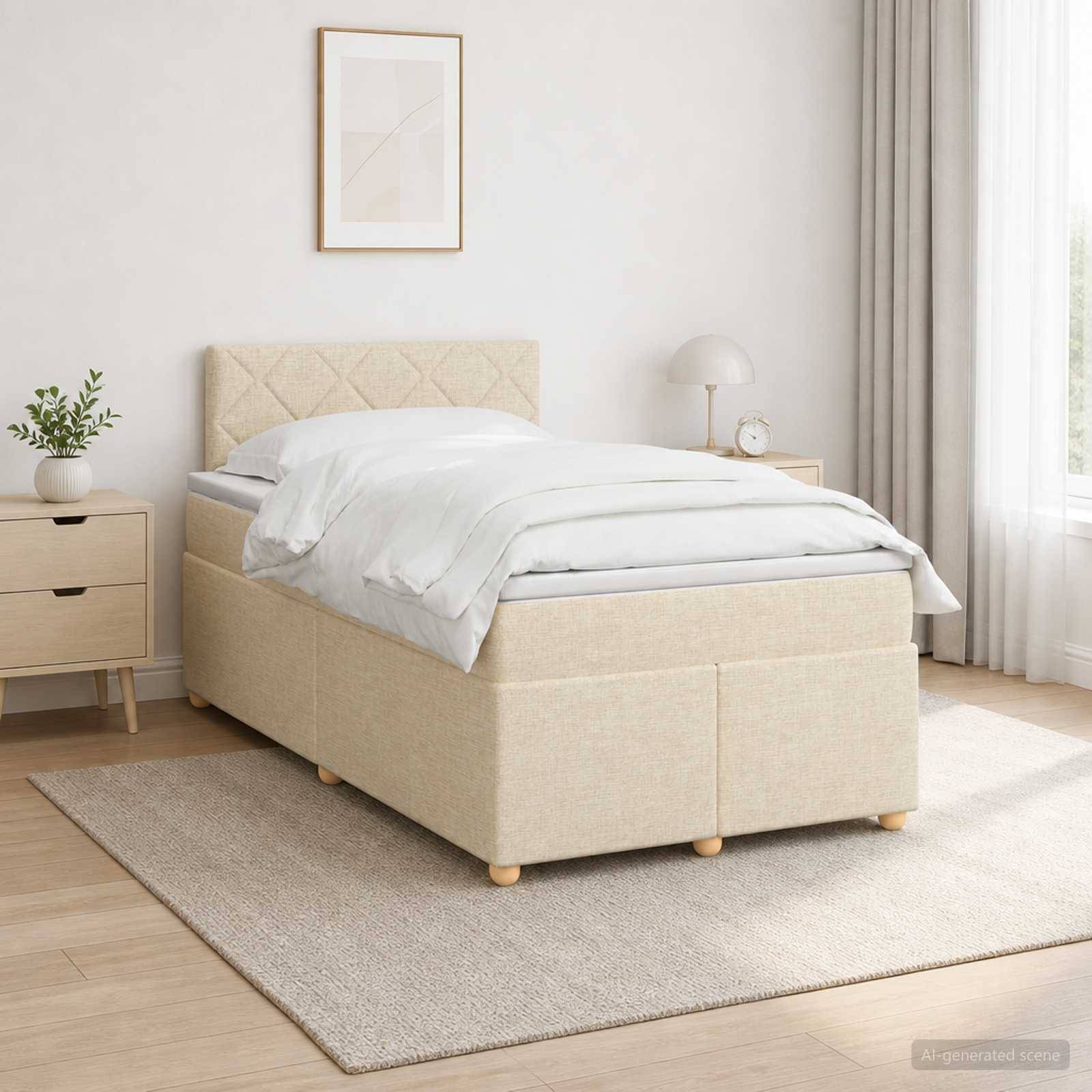 Helles minimalistisches Schlafzimmer mit einem beigen gepolsterten Bett, weißer Bettwäsche, Nachttisch, Lampe, Pflanze, Teppich und durchsichtigen Vorhängen an einem Fenster.