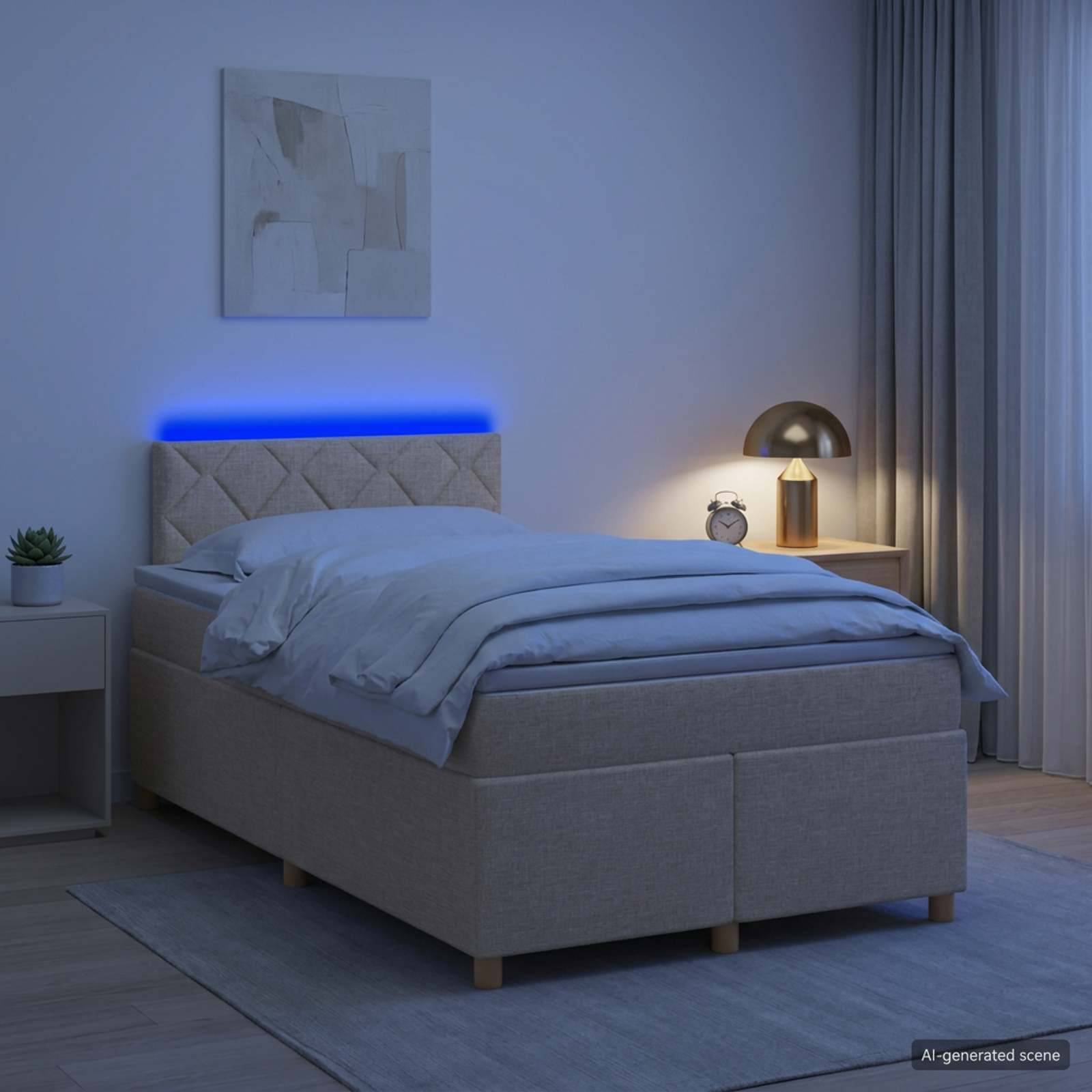 Modernes Schlafzimmer mit einem ordentlich gemachtem grau gepolstertem Bett, blauer LED-Kopfleuchte, Nachttischlampe und Vorhängen in einem minimalistischen Interieur.