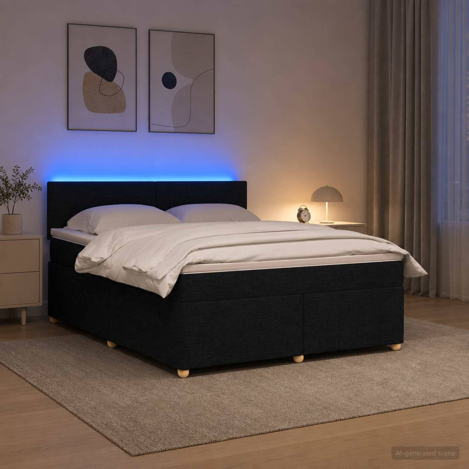 Modernes schwarzes gepolstertes Bett mit weißer Bettwäsche, blauem LED-Kopfleuchten-Glühen, Nachttischlampe, Teppich und minimalistische Wandkunst in einem Schlafzimmer.
