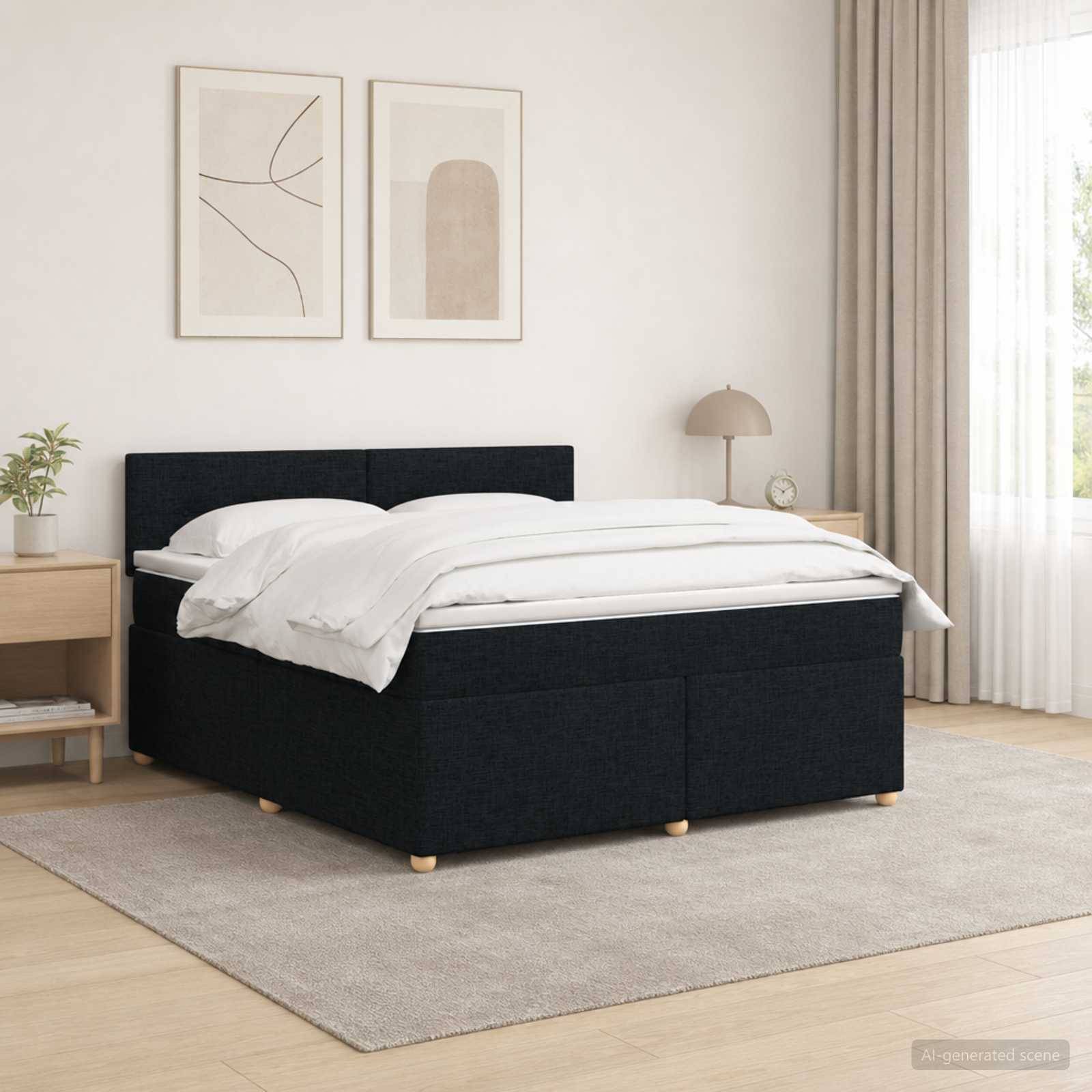Ein ordentlich gemachtes Bett mit schwarzem, gepolstertem Rahmen in einem minimalistischen Schlafzimmer, neben Nachttischen und Wandkunst auf einem hellen Teppich.
