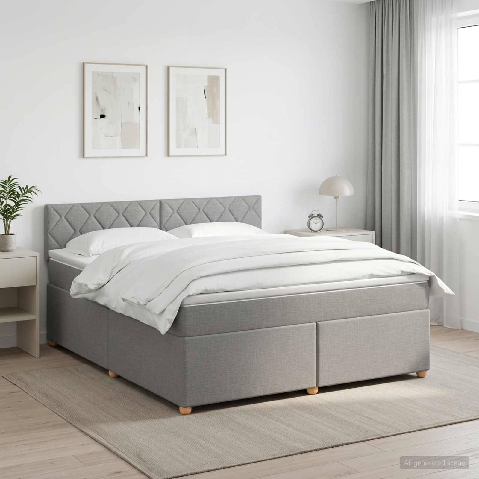 Modernes grau gepolstertes Bett mit weißer Bettwäsche in einem hellen, minimalistischen Schlafzimmer, mit gerahmter Wandkunst, Nachttisch, Lampe und Fenstervorhängen.