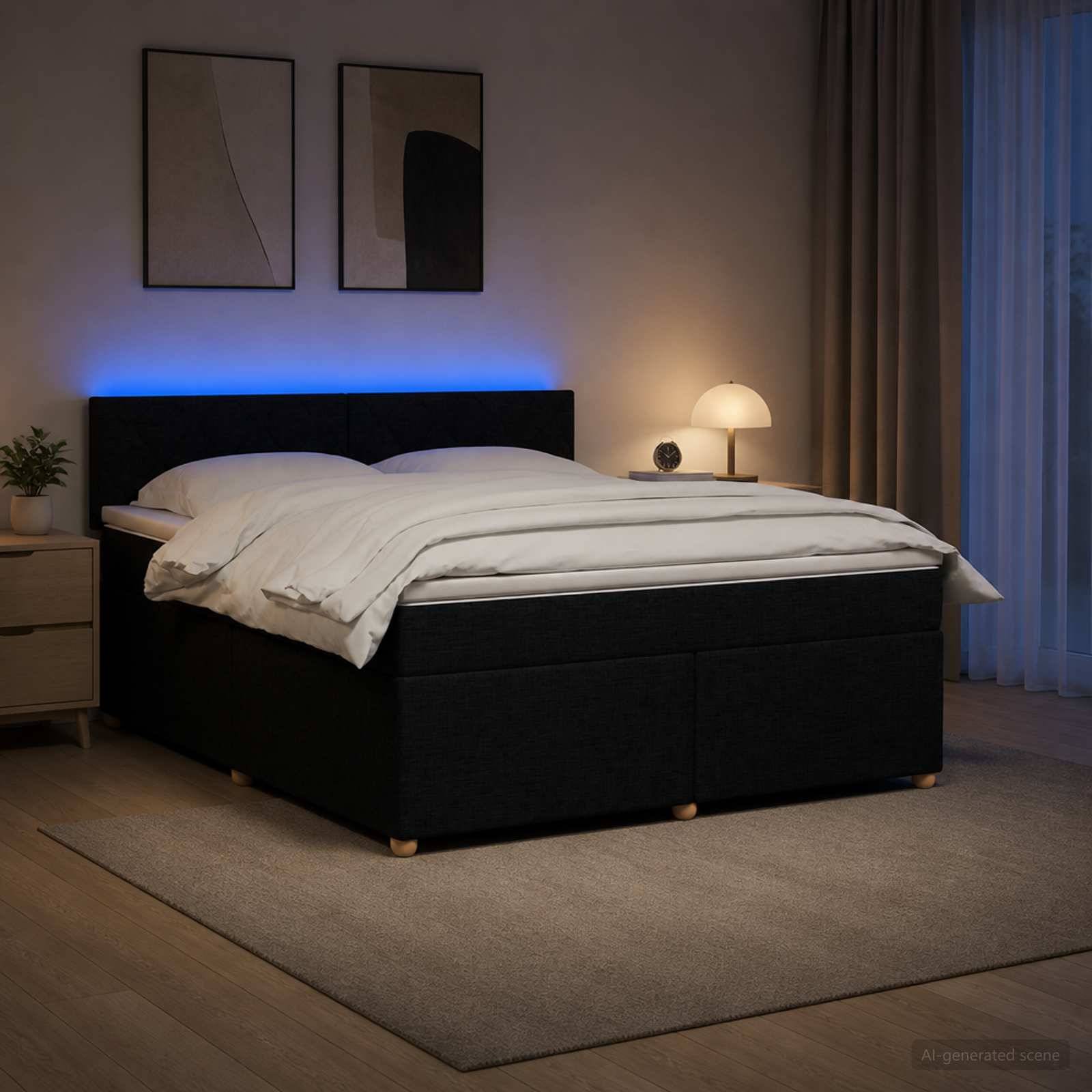 Modernes Schlafzimmer mit einem ordentlich gemachtem schwarzen Bett, blauem Kopfteil mit Hintergrundbeleuchtung, Nachttischlampe, Teppich und Vorhängen in der Nacht.