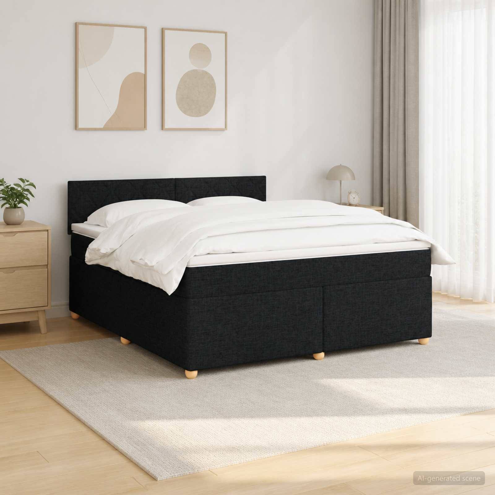 Modernes Schlafzimmer mit einem schwarz gepolsterten Bett mit weißer Bettwäsche, flankiert von einem Nachttisch und einer Lampe unter gerahmter Wandkunst.